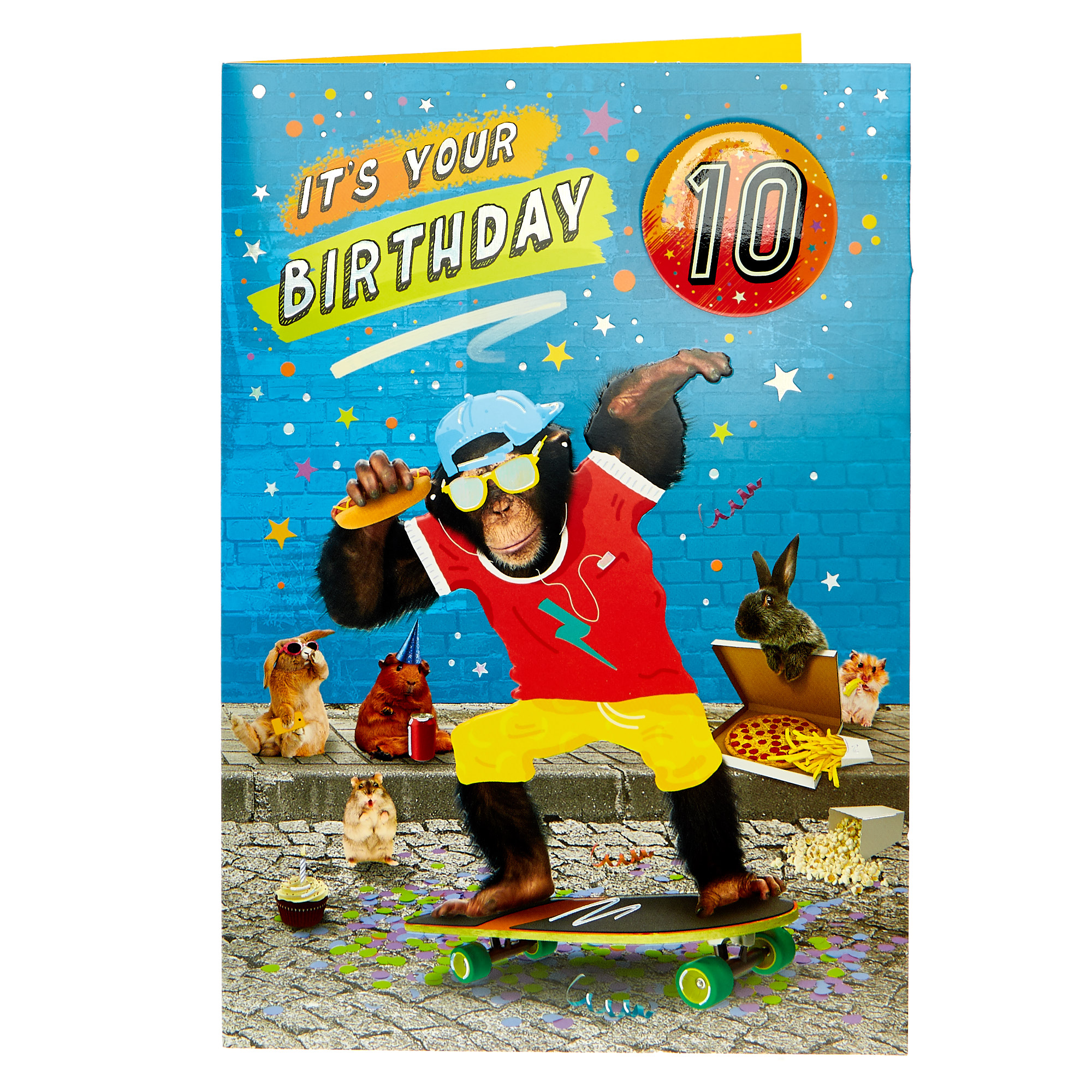 10th Birthday Card - Skateboard Chimp (With Badge)