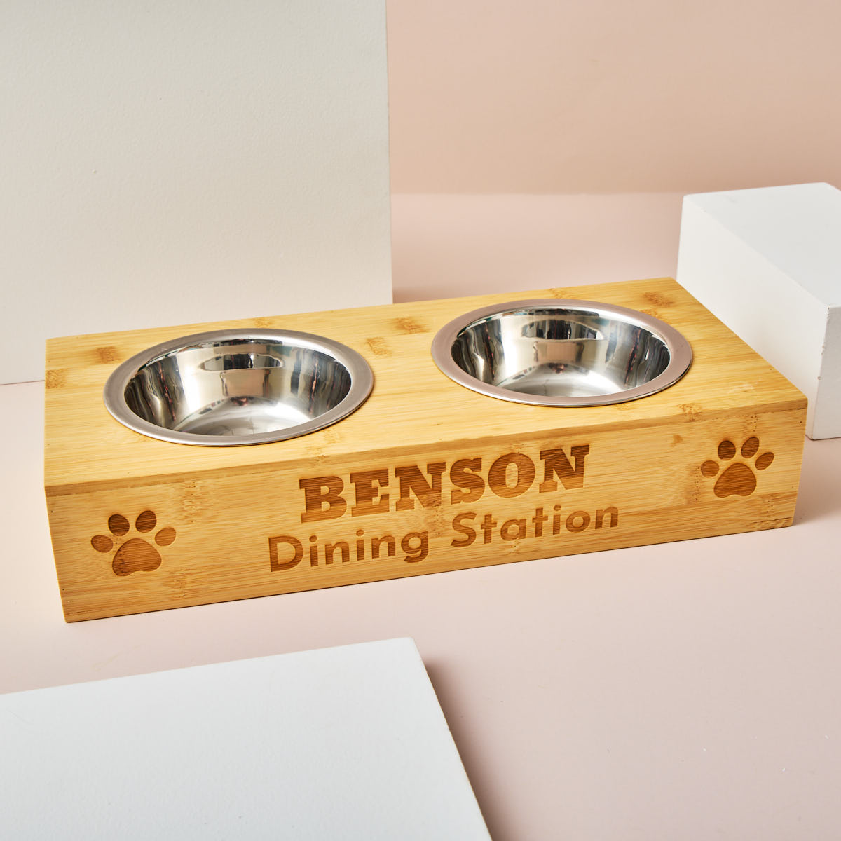 Personalised Engraved Double Pet Bowl - Paw Printed Dining Station