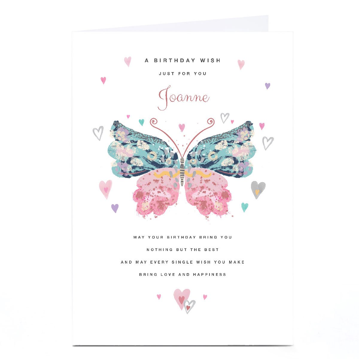 Personalised Birthday Card - Pretty Butterfly and Hearts