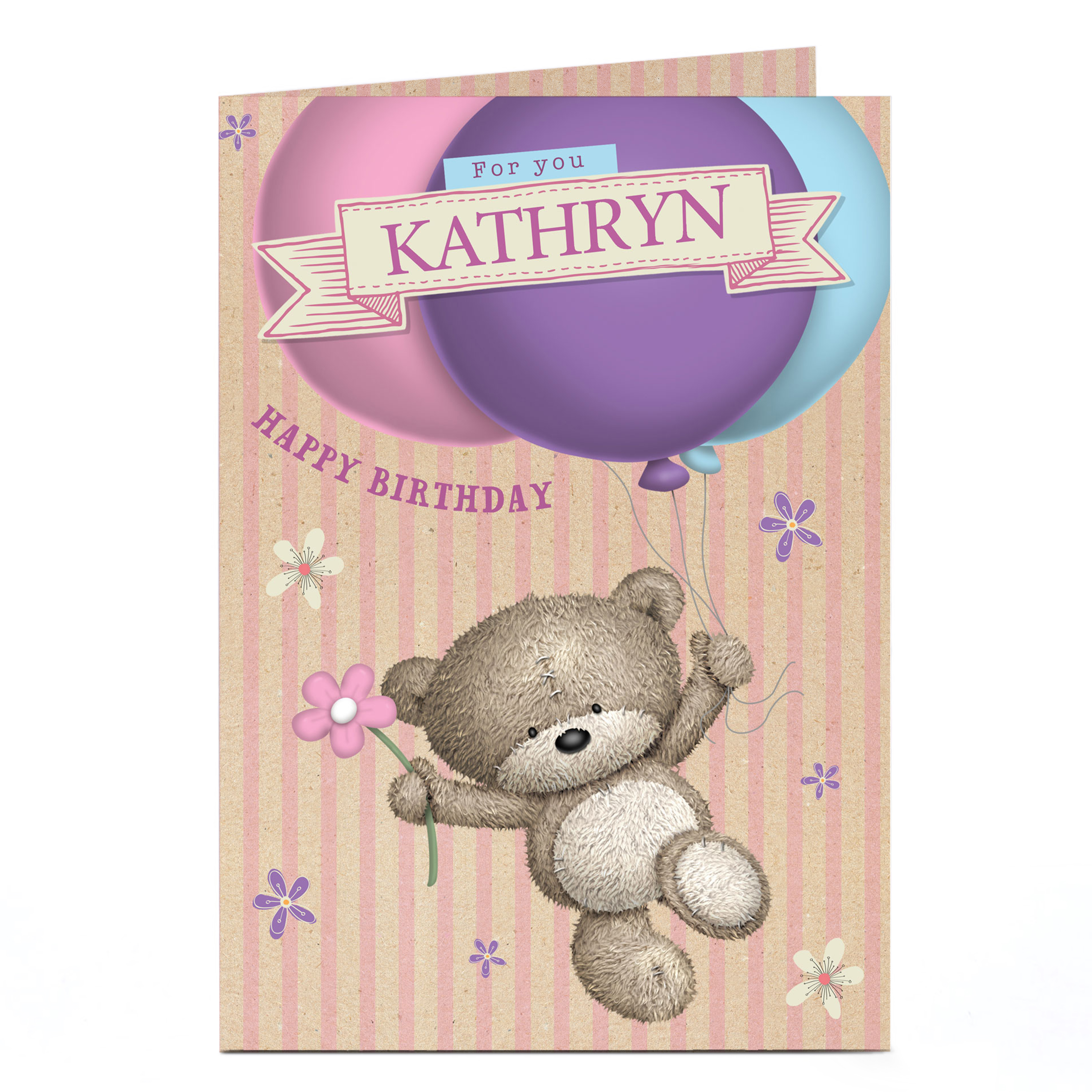 Personalised Hugs Bear Birthday Card - Balloons & Flowers