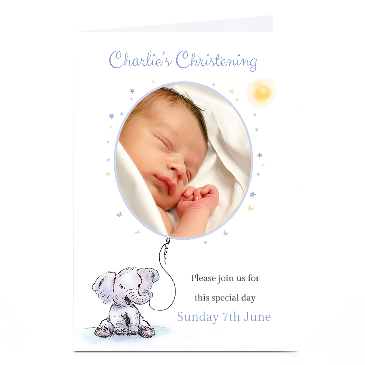 Christening Photo Card - Elephant With Balloon