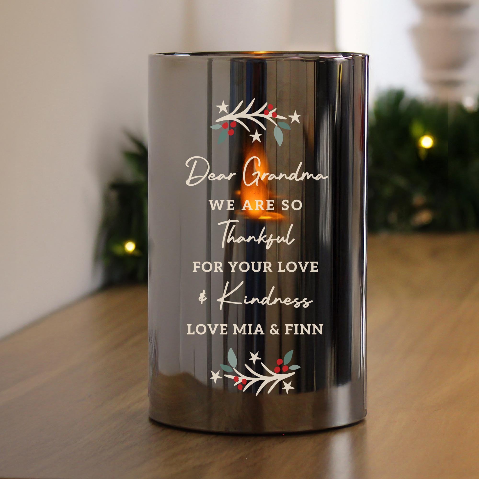Personalised Christmas Smoked Glass LED Candle,  Personalised Christmas Smoked Glass LED Candle