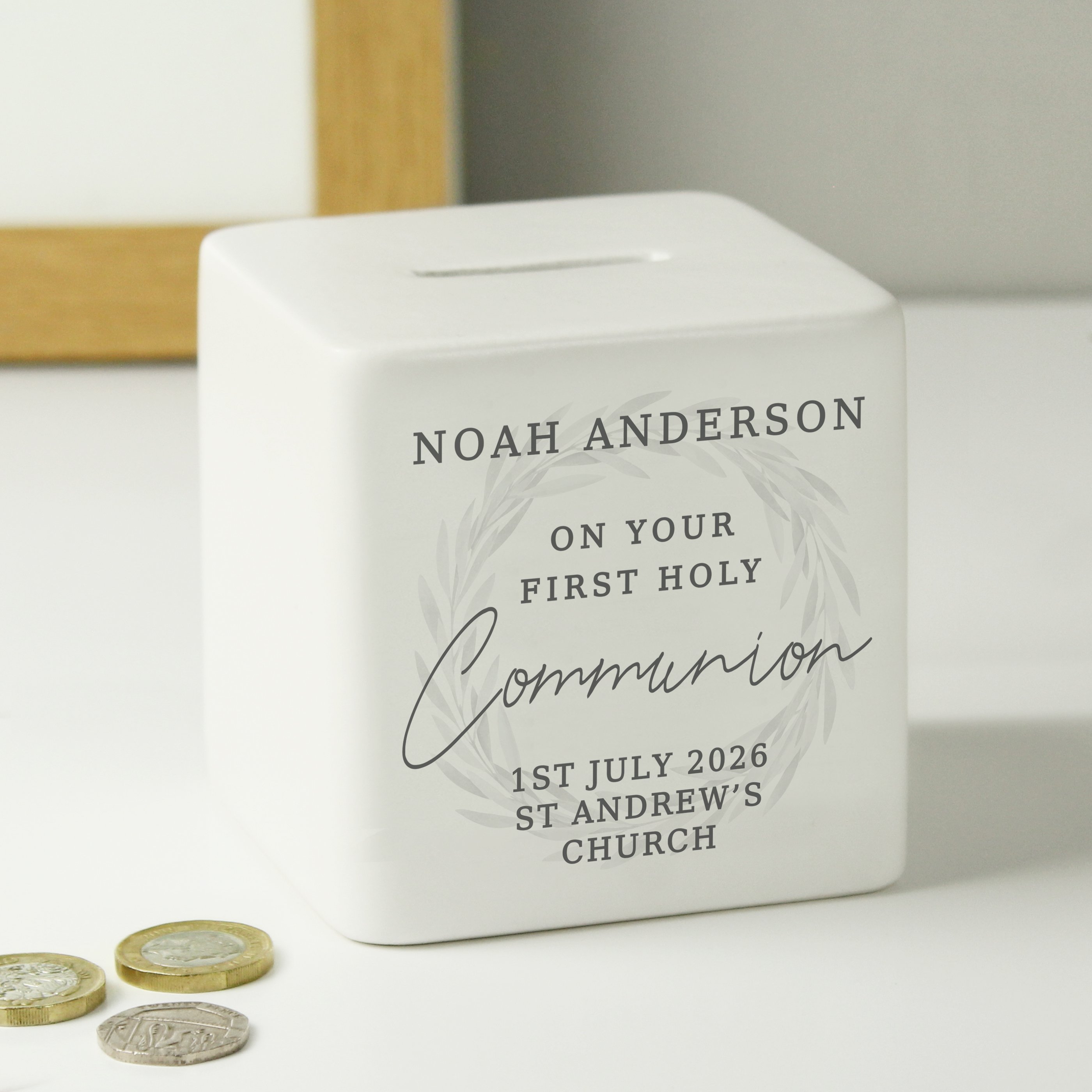 Personalised First Holy Communion Wreath Ceramic Square Money Box