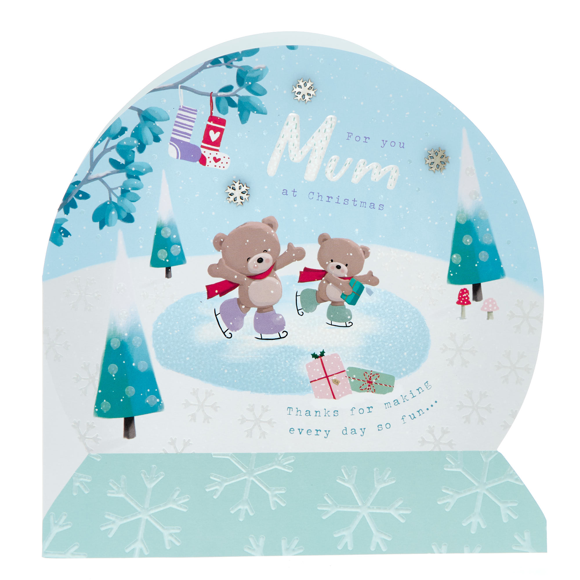 Mum Snowglobe Hugs Bears Skating Christmas Card