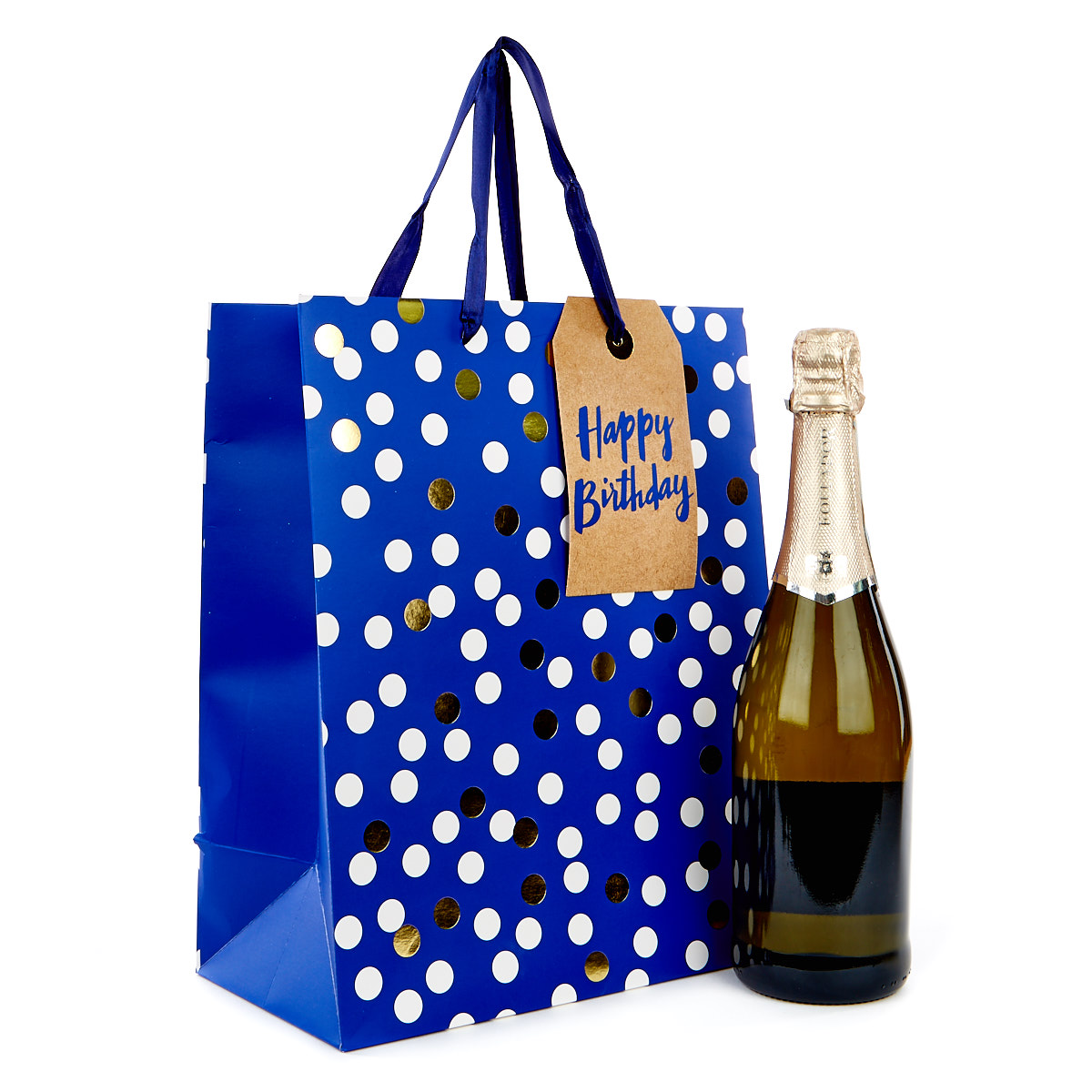 Large Portrait Gift Bag - Blue Spots, Happy Birthday