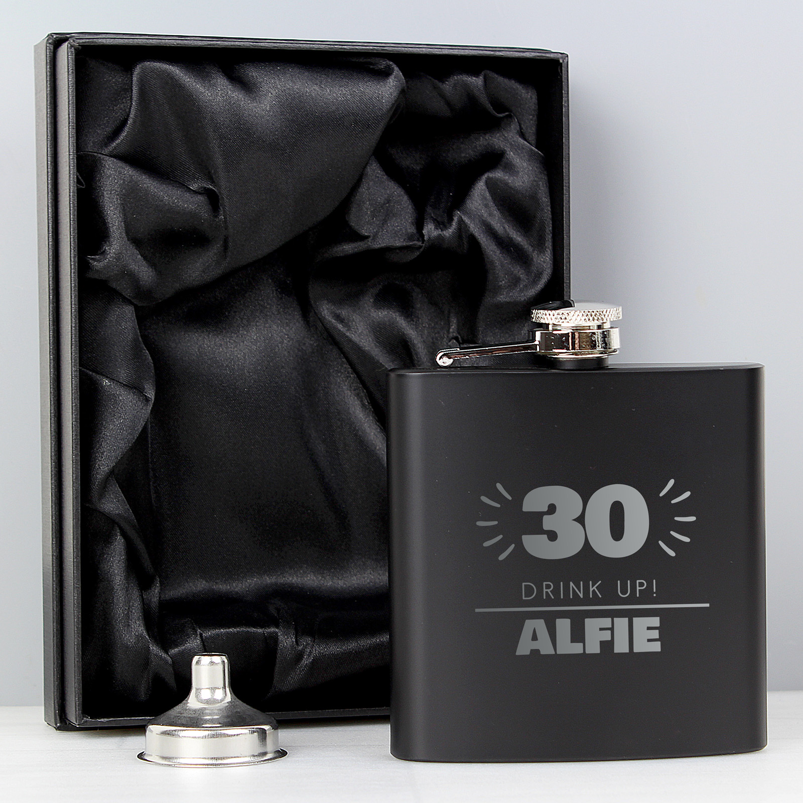 Personalised 70th Birthday Hip Flask - Black & Silver