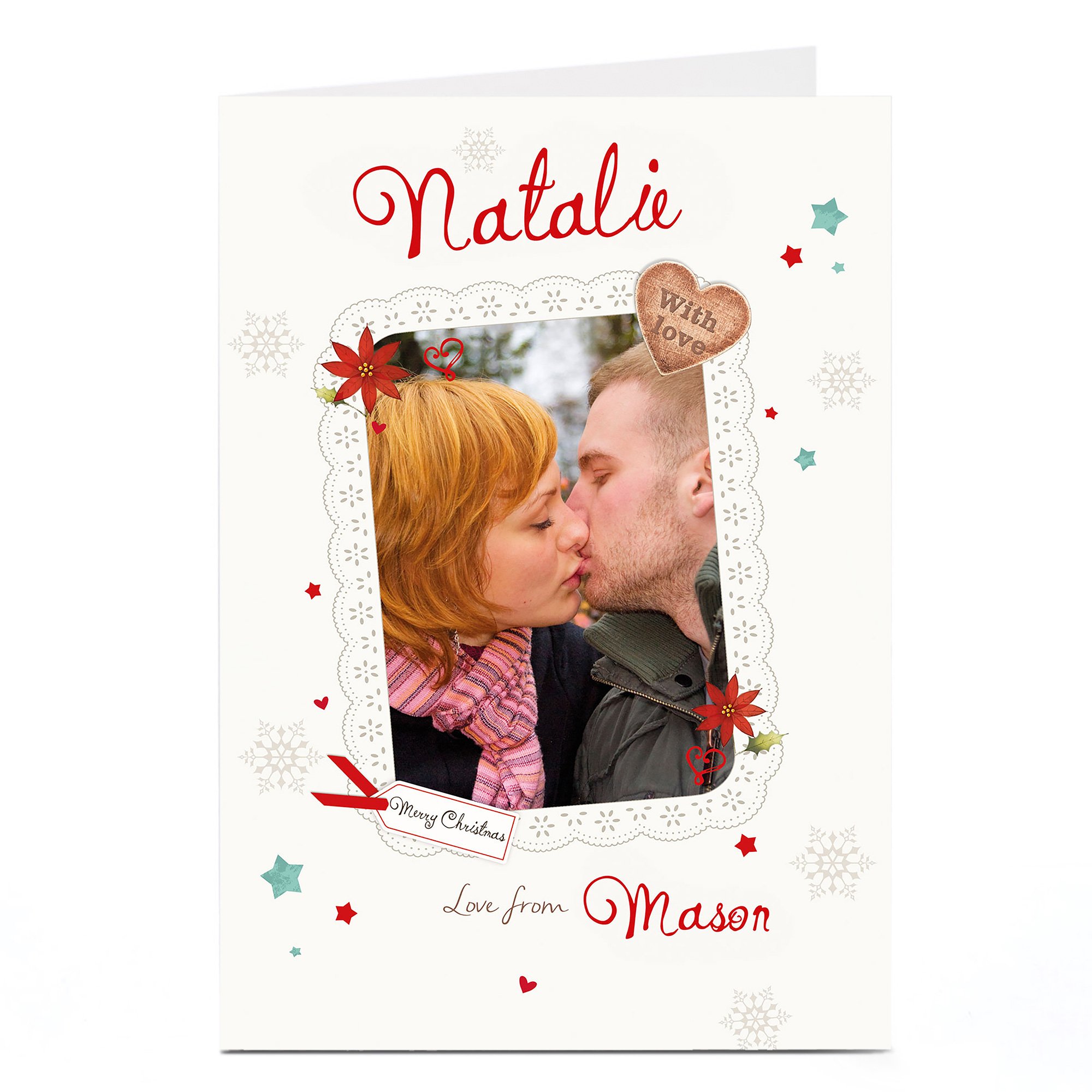Photo Christmas Card - Lace Frame & Red Flowers