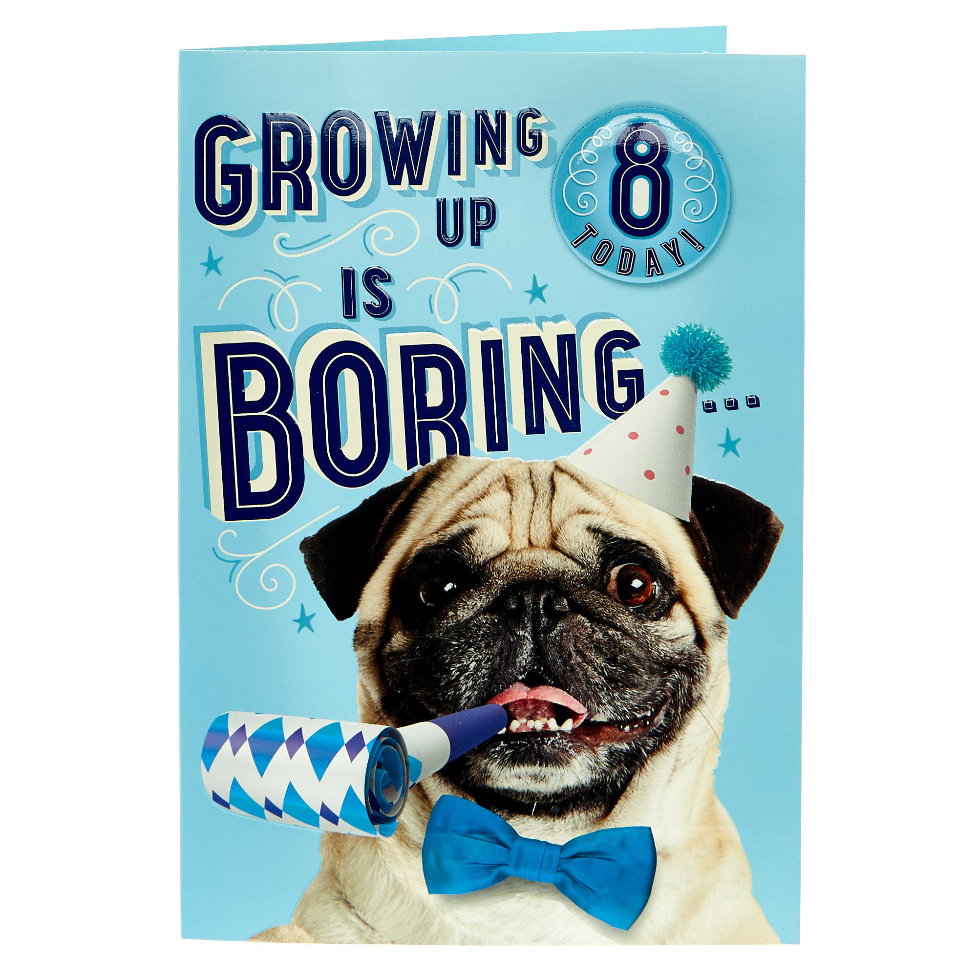 8th Birthday Card - Party Pug (With Badge)