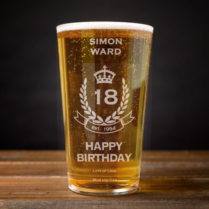 Personalised 18th Birthday Crest Pint Glass