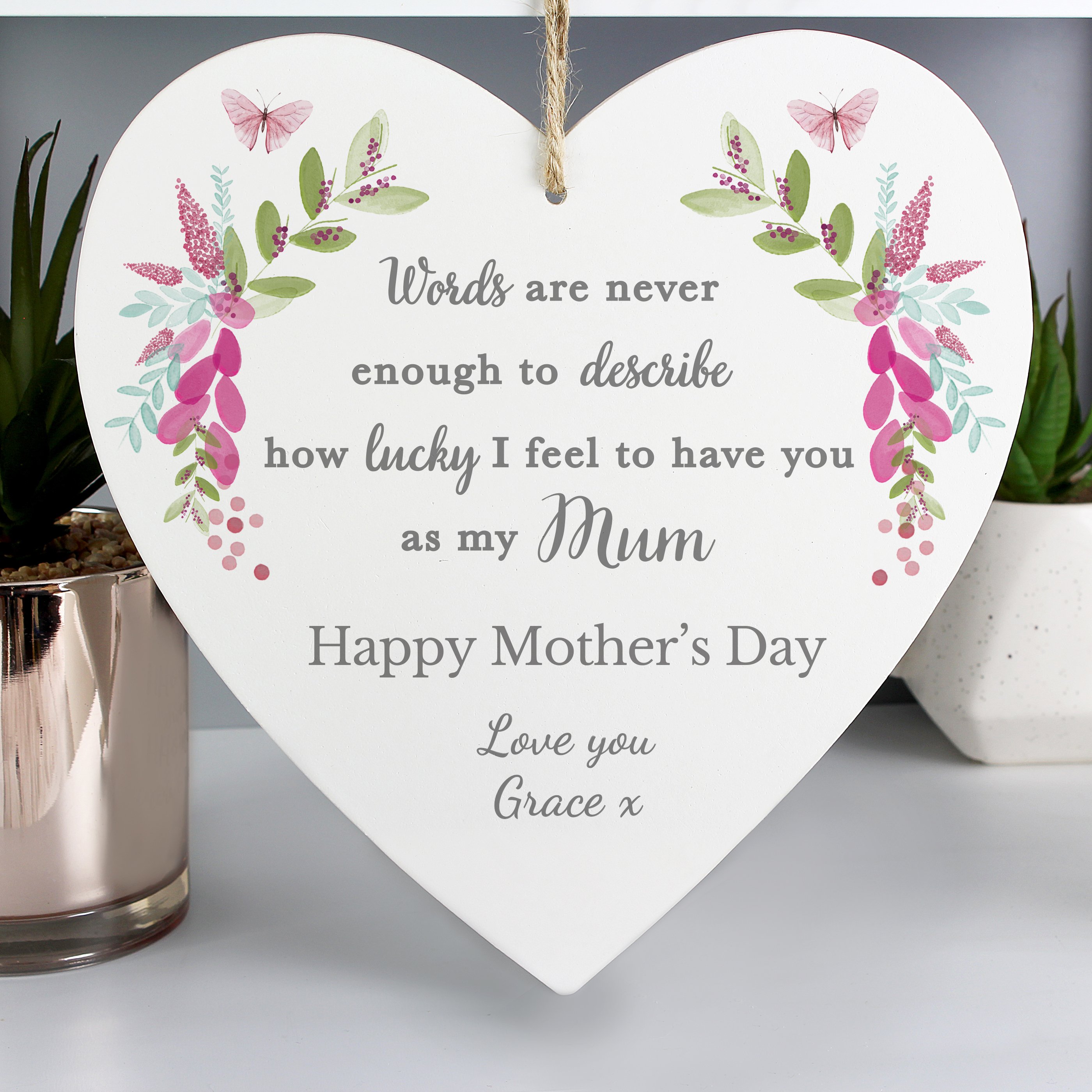 Personalised Floral Wooden Heart Plaque - Mum