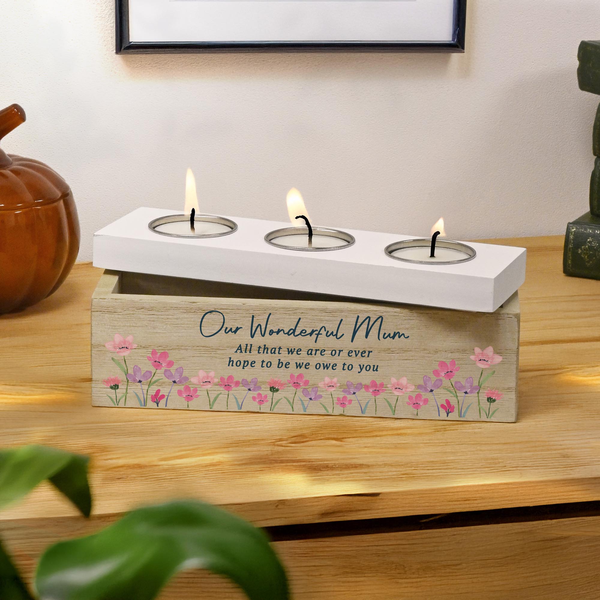Personalised Floral Wooden Triple Tea Light Box