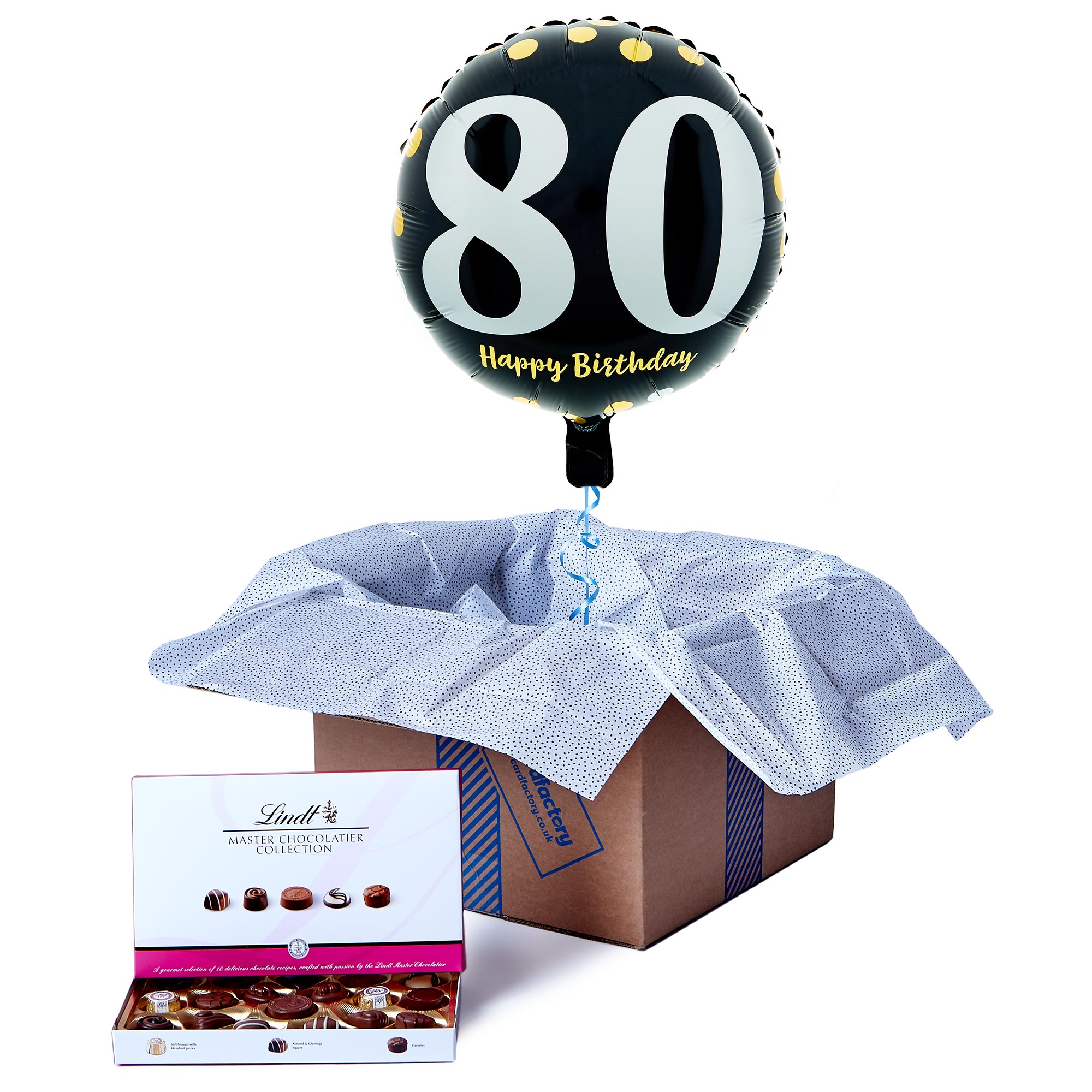Happy 80th Birthday Balloon & Lindt Chocolate Box - FREE GIFT CARD!