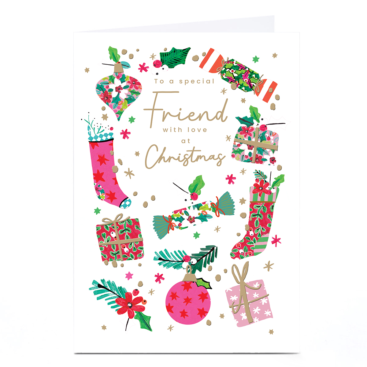 Personalised Christmas Card - Stockings Baubles and Presents, Friend