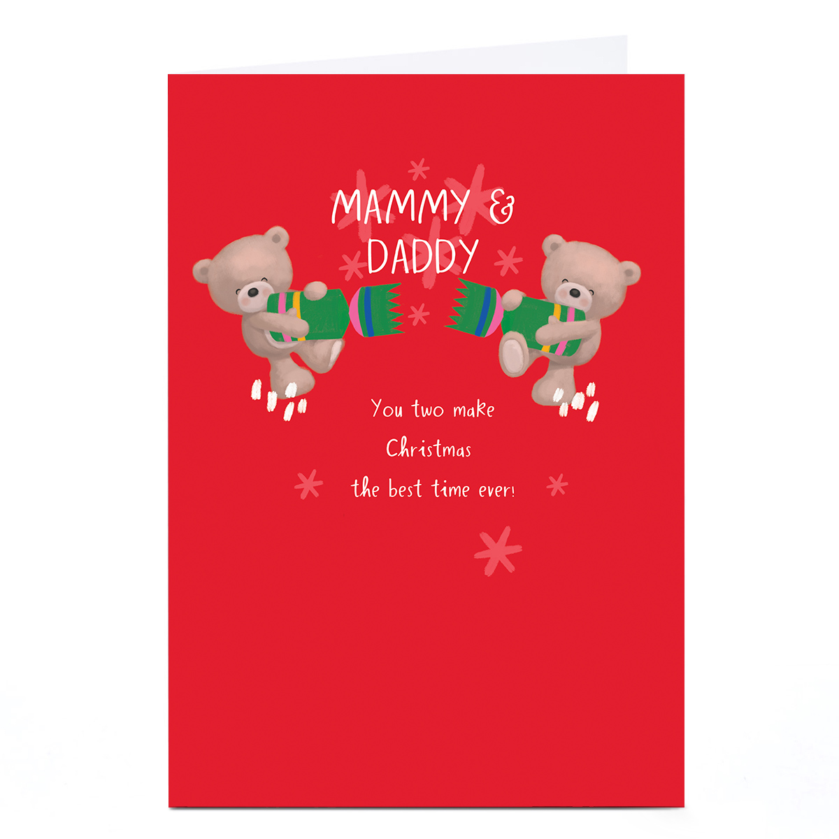 Hugs Christmas Card - Bears Pulling Cracker, Mammy & Daddy