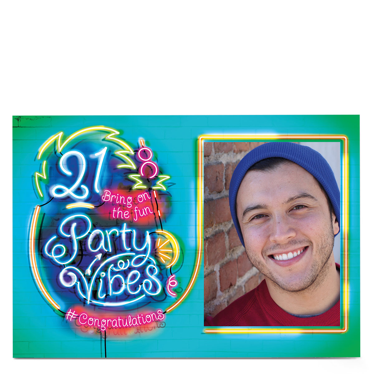 Photo 21st Birthday Card - Party Vibes, Neon Sign