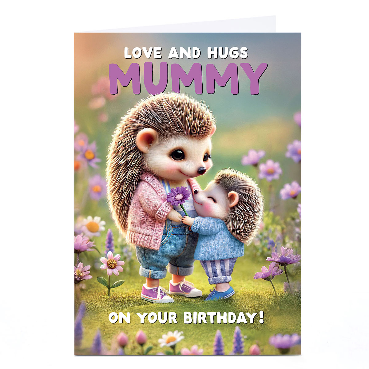 Birthday Card - Hedgehogs Picking Flowers, Mummy