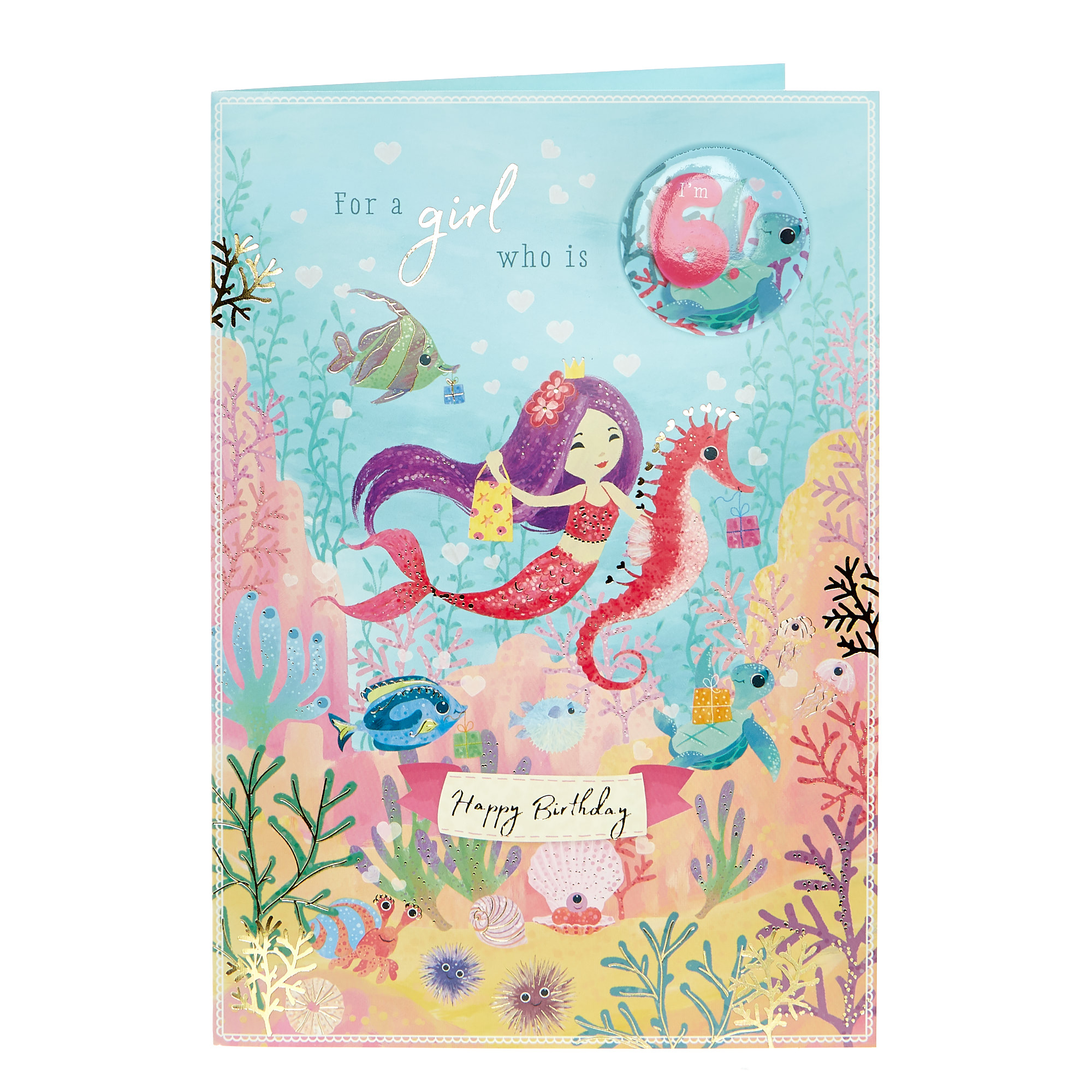 6th Birthday Card - Mermaid (With Badge)