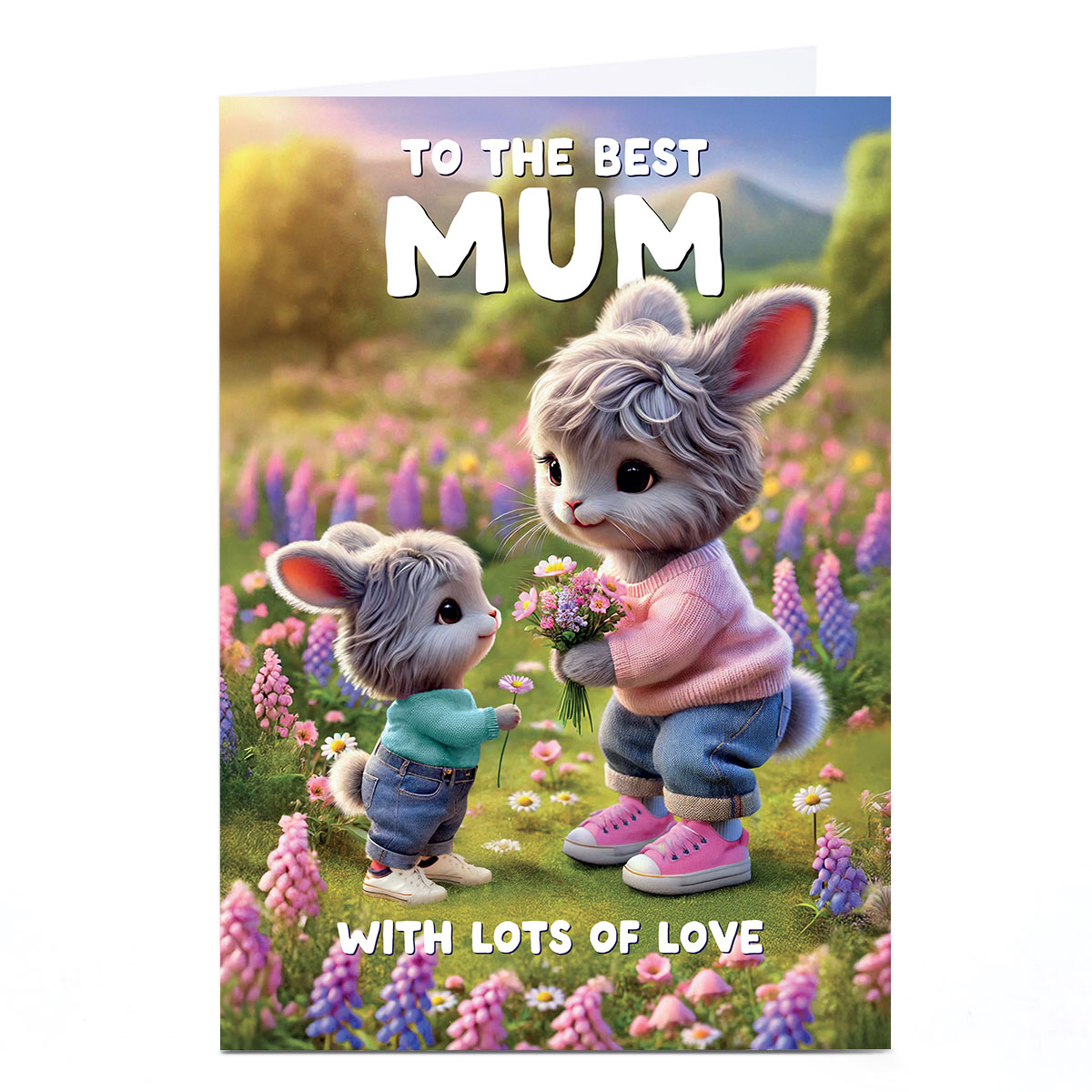 Birthday Card - Bunnies Picking Flowers, Mum