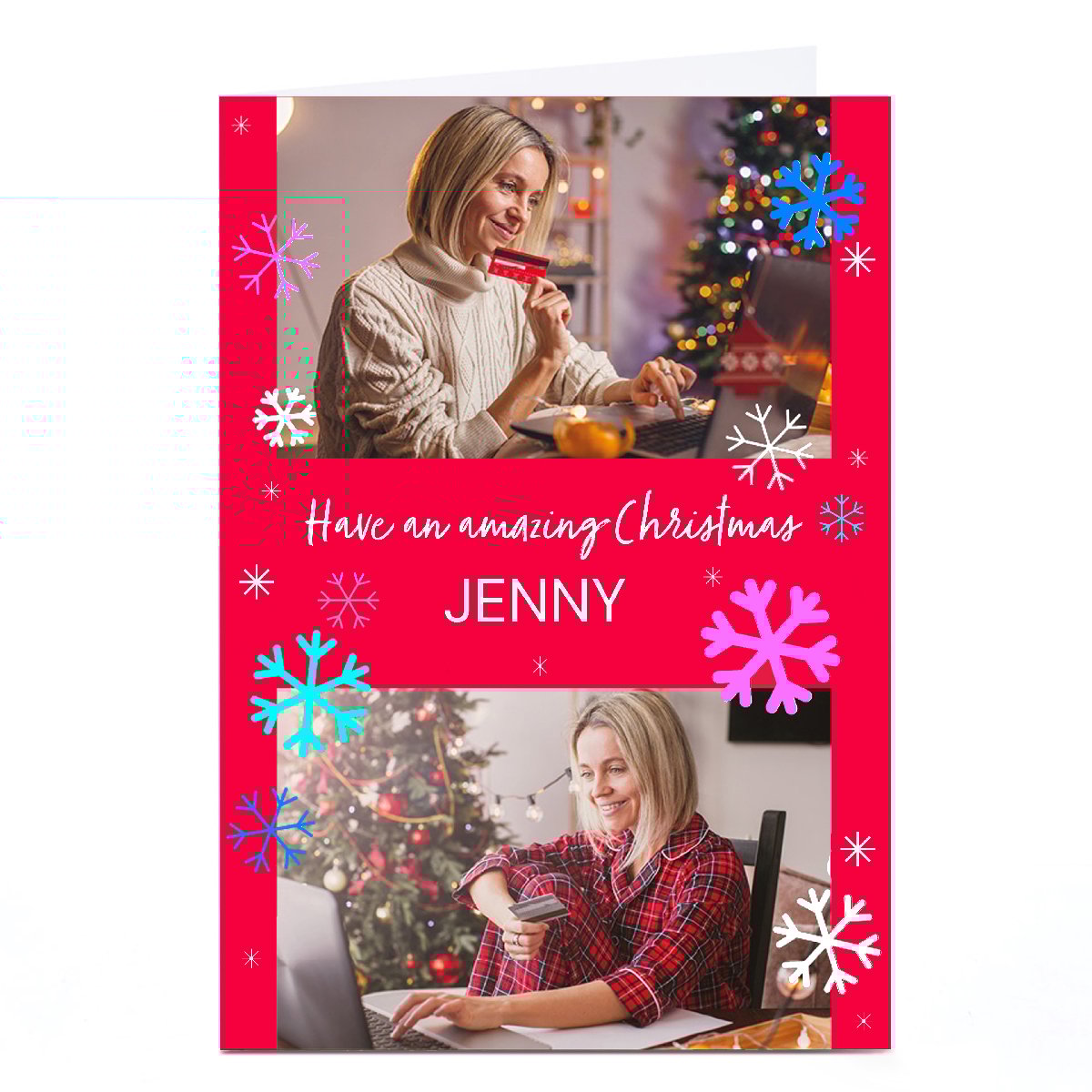 Photo Christmas Card - Bright Snowflakes, Any Name