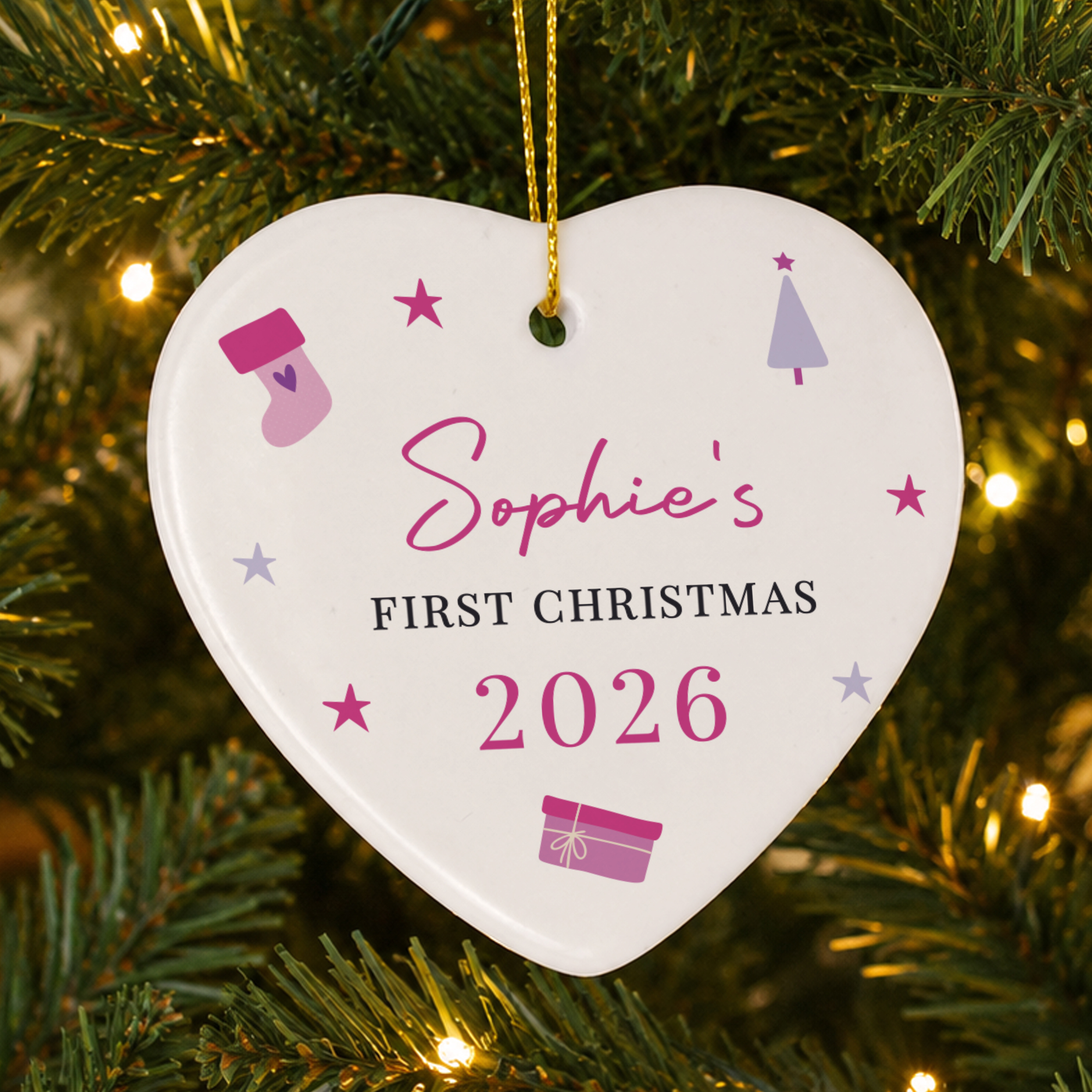 Personalised First Christmas Pink Ceramic Heart Decoration