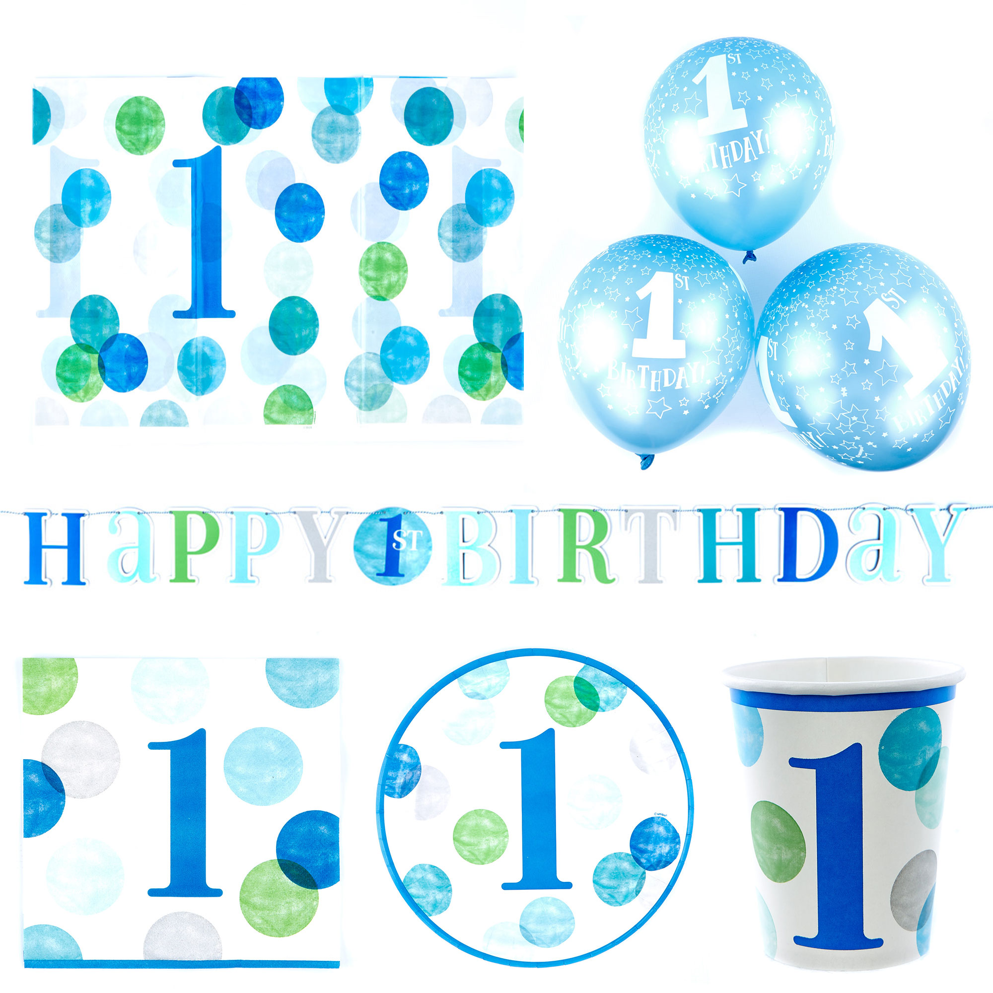 Blue 1st Birthday Party Tableware & Decoration Bundle - 16 Guests