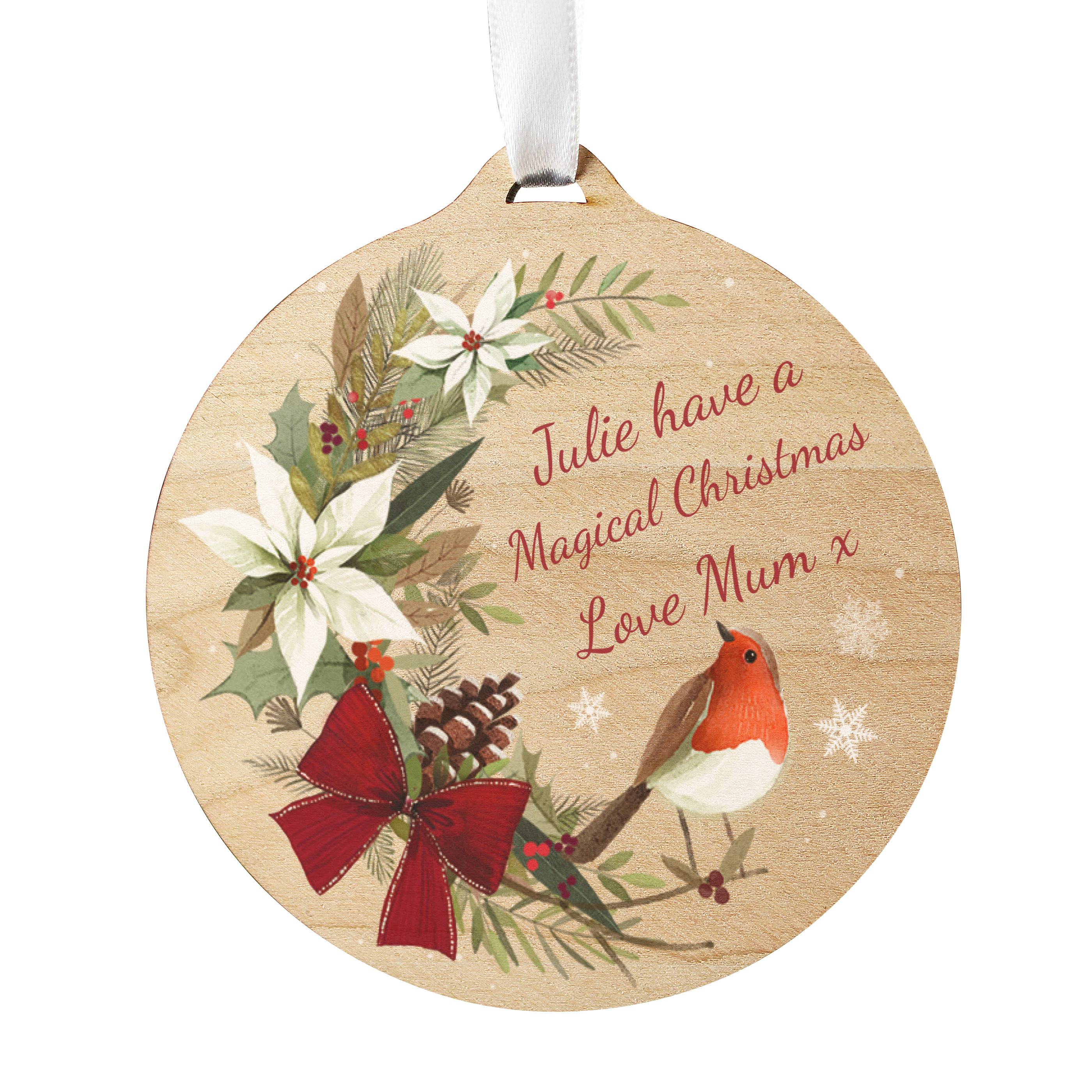 Personalised Wooded Robin Christmas Tree Decoration