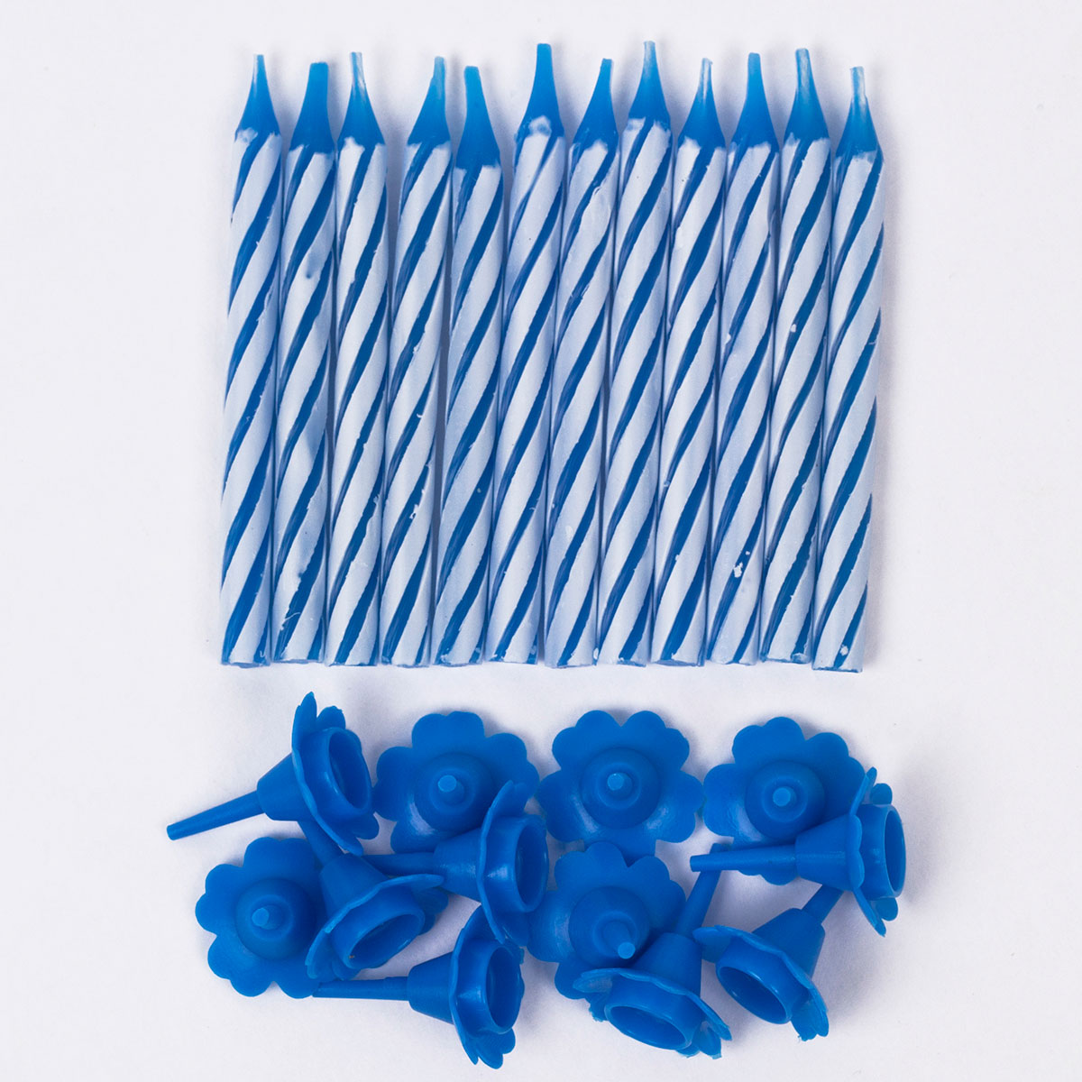 Blue Candy Stripe Birthday Candles With Holders, Pack Of 12