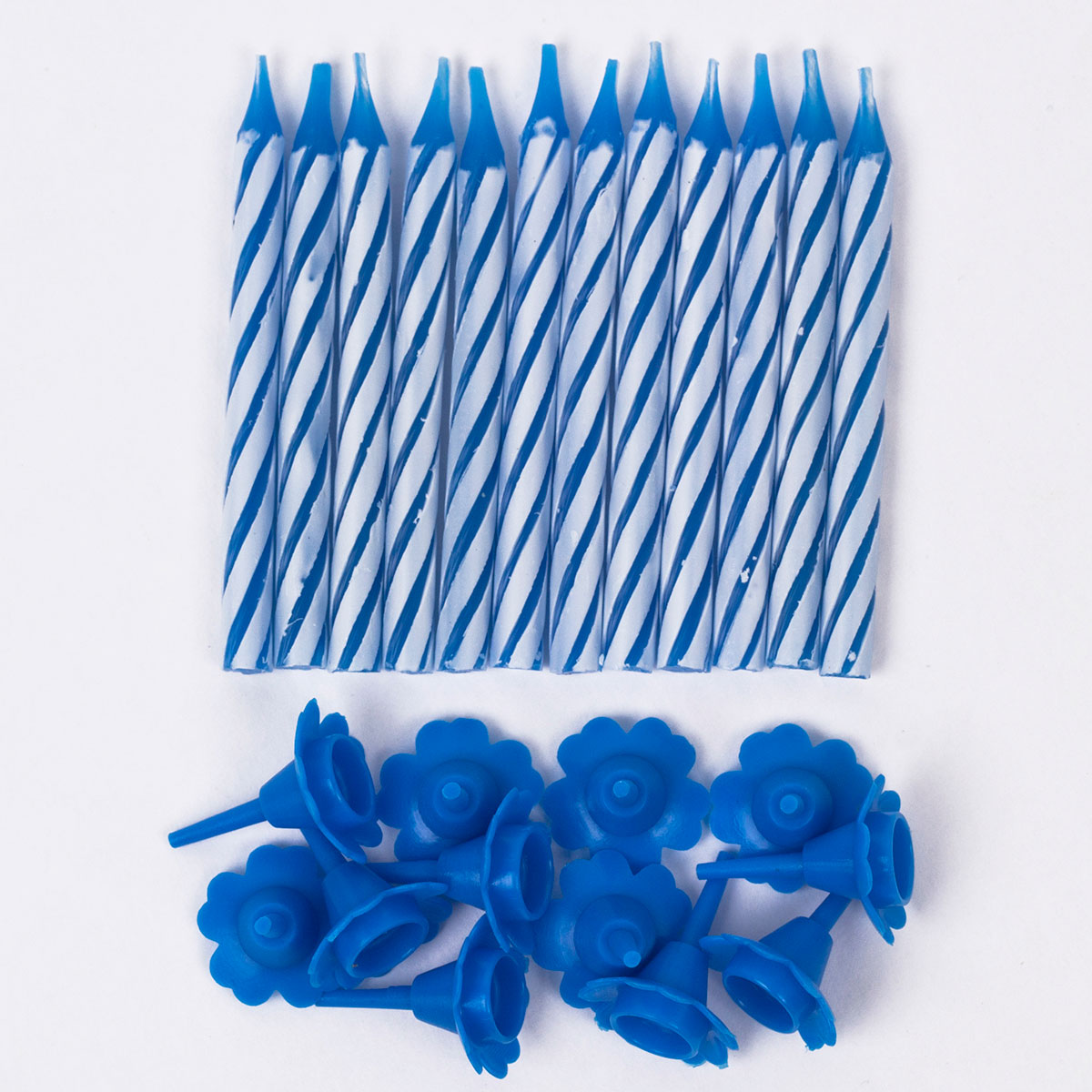 Blue Candy Stripe Birthday Candles With Holders, Pack Of 12