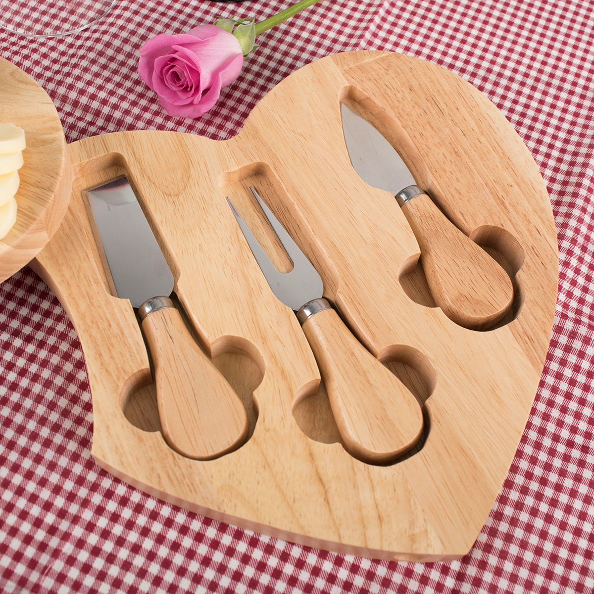 Personalised Engraved Heart-Shaped Wooden Cheeseboard Set - Like Cheese & Wine