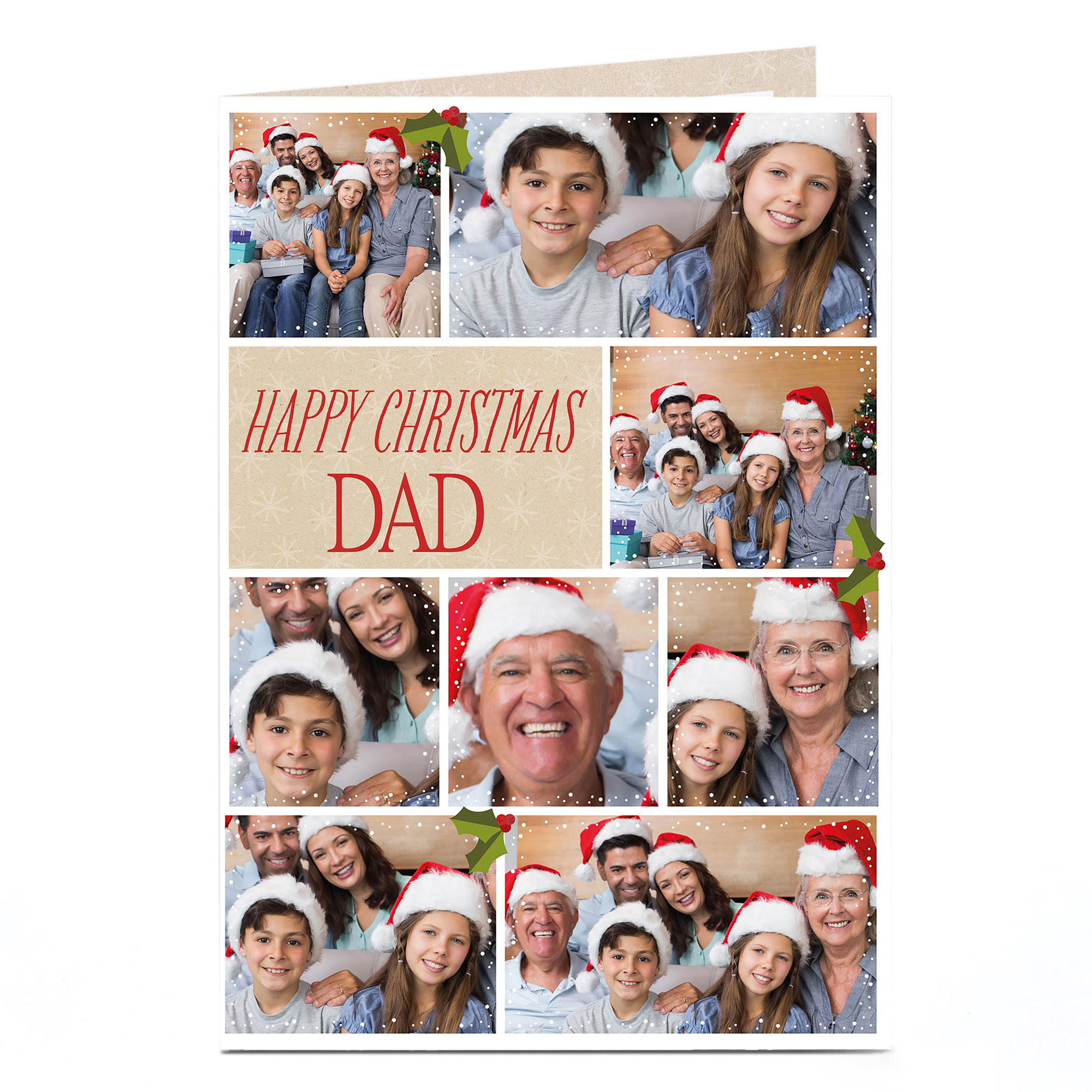 Multi Photo Christmas Card - Eight Photos & Holly Berries Dad