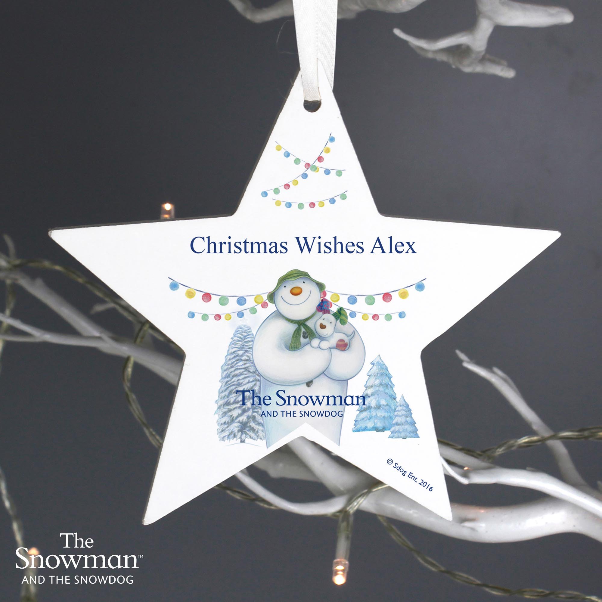 Personalised The Snowman & the Snowdog Wooden Star Decoration
