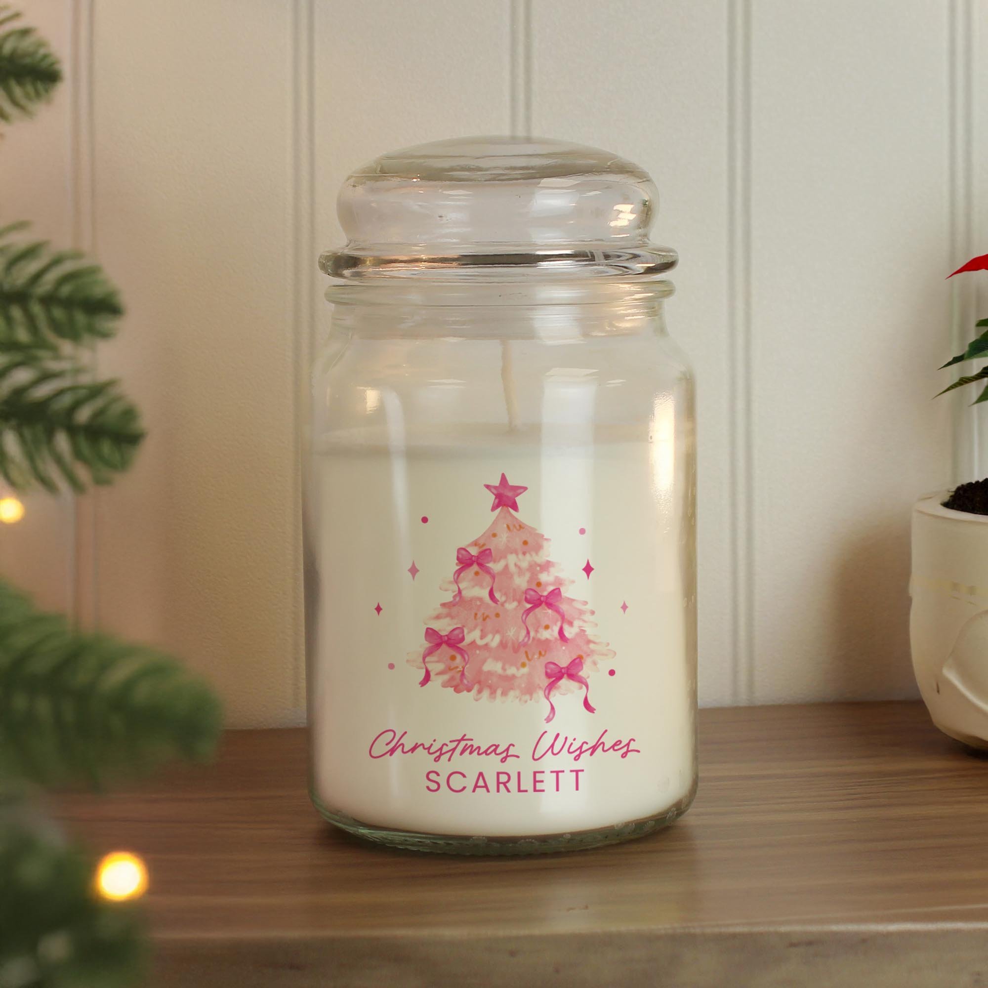 Personalised Pink Christmas Tree Large Candle Jar,  Personalised Pink Christmas Tree Large Candle Jar