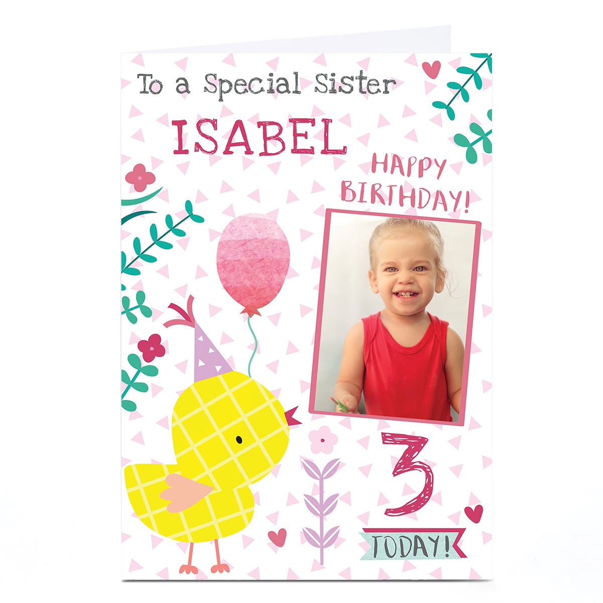 Photo Juniper & Rose Birthday Card - Yellow Chick, Editable Age
