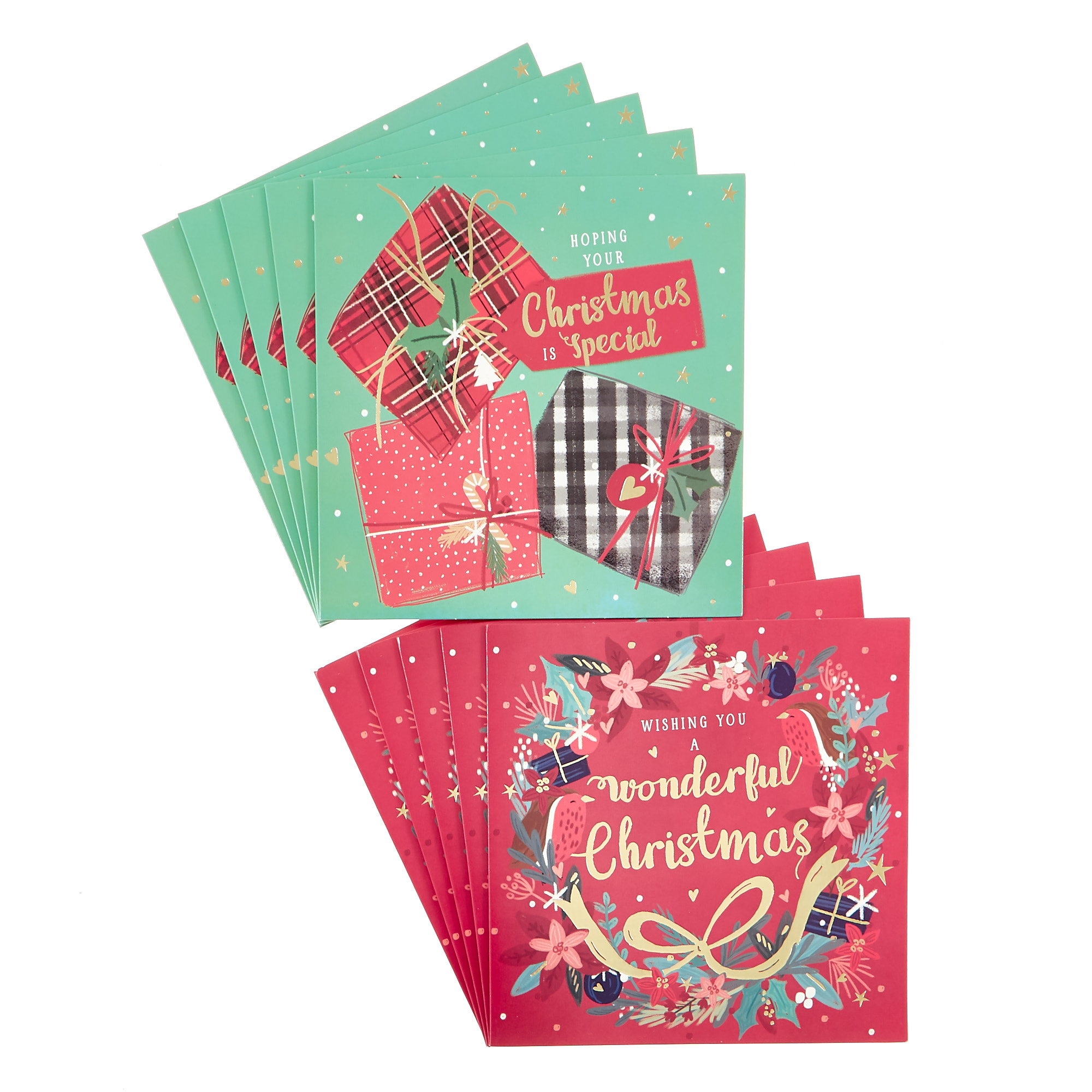 16 Charity Christmas Cards - Wreath & Gifts (2 Designs)