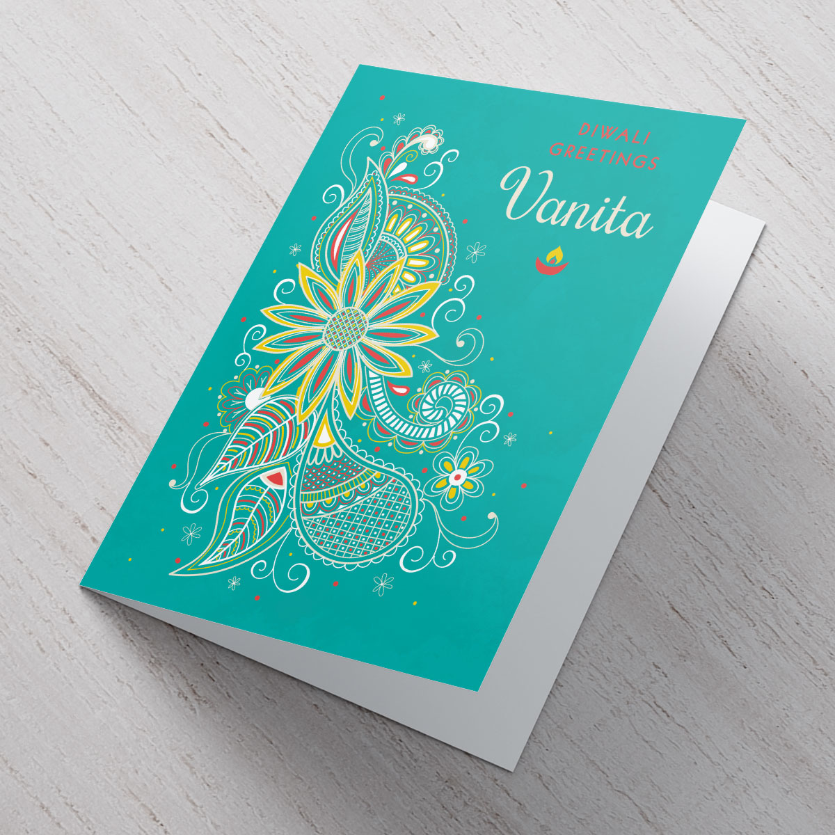 Personalised Diwali Card - Teal And White Patterns