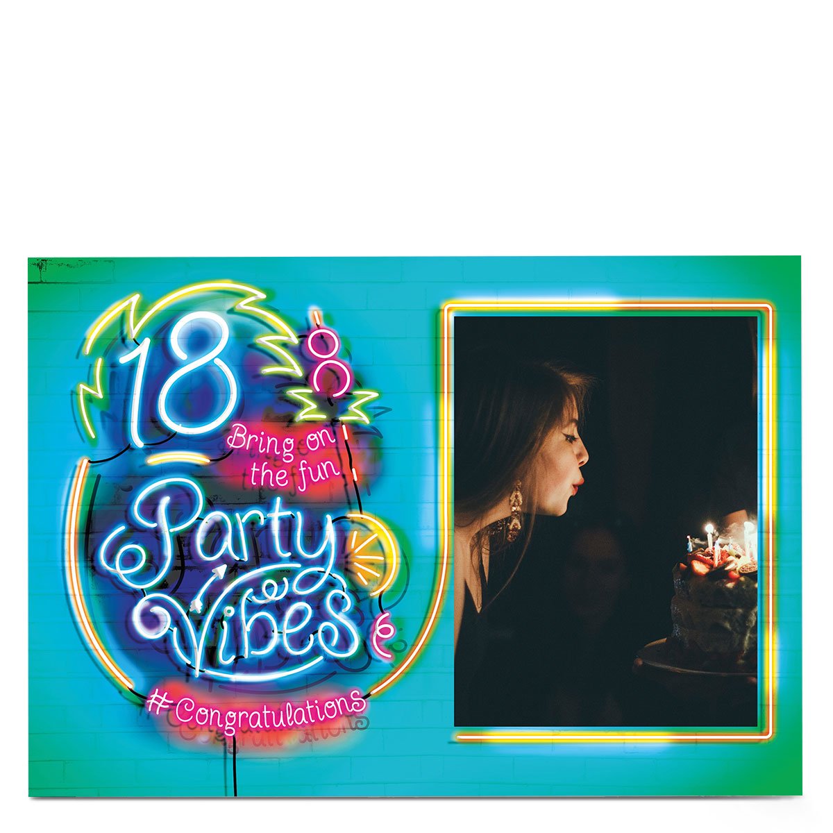 Photo 18th Birthday Card - Party Vibes, Neon Lights