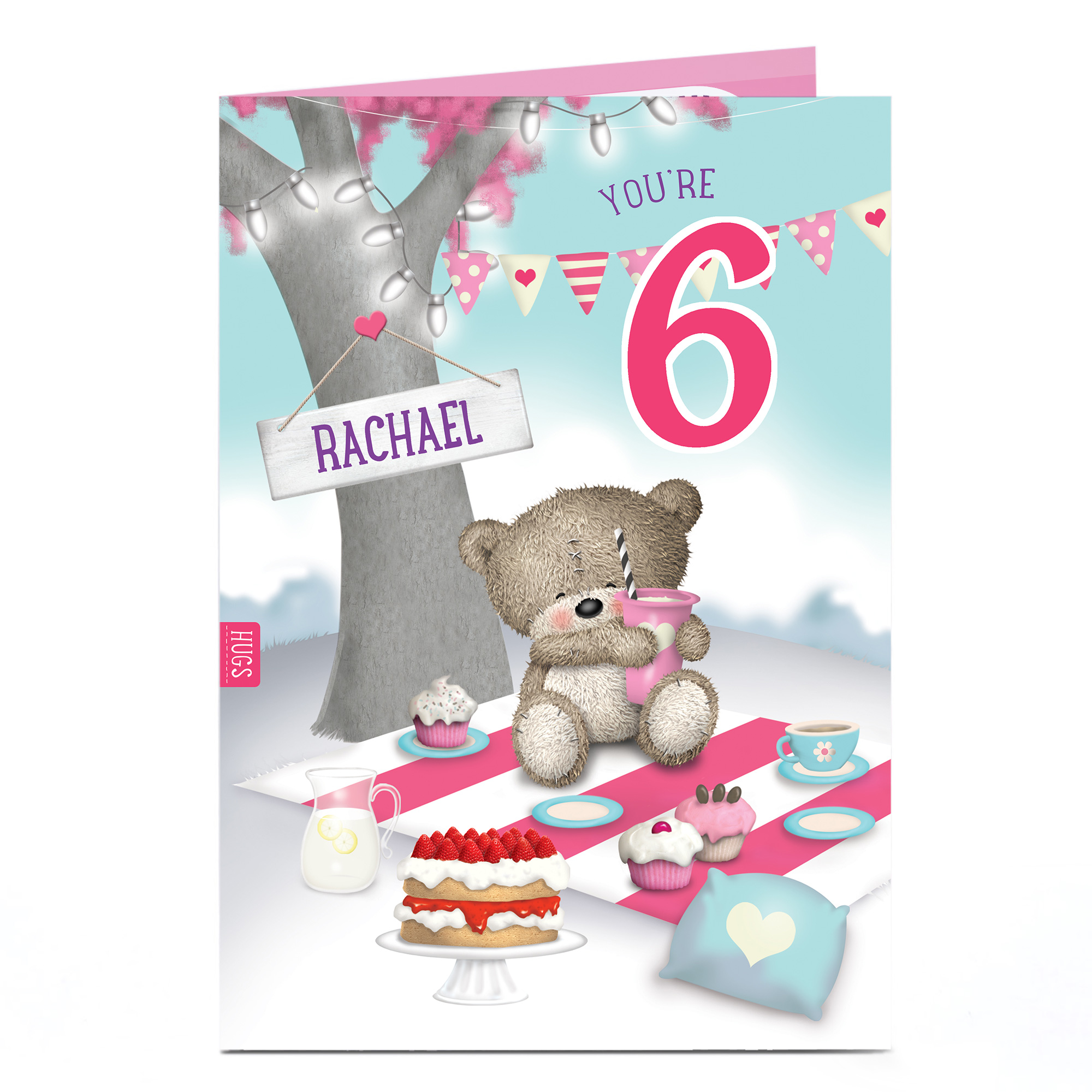 Personalised Editable Age Birthday Card - Hugs Bear Pink Picnic