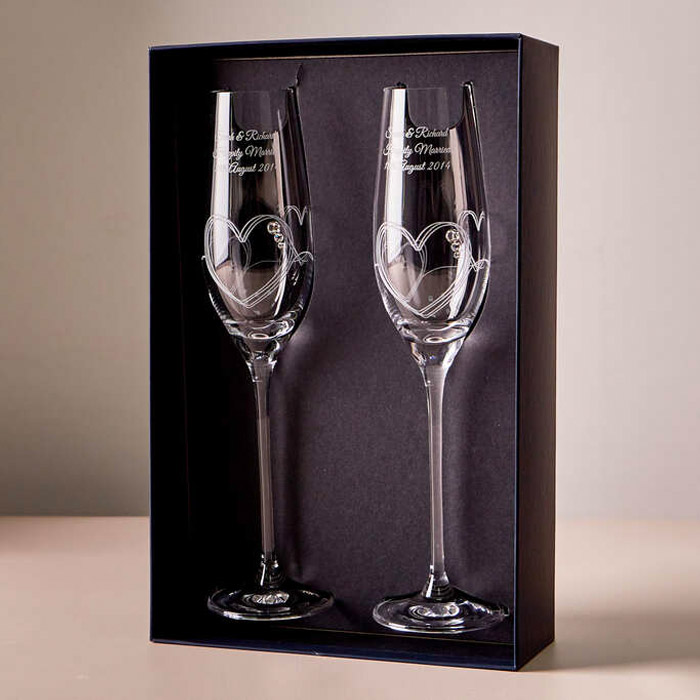 Engraved Set Of Two String of Love Champagne Flutes Embellished with Crystals