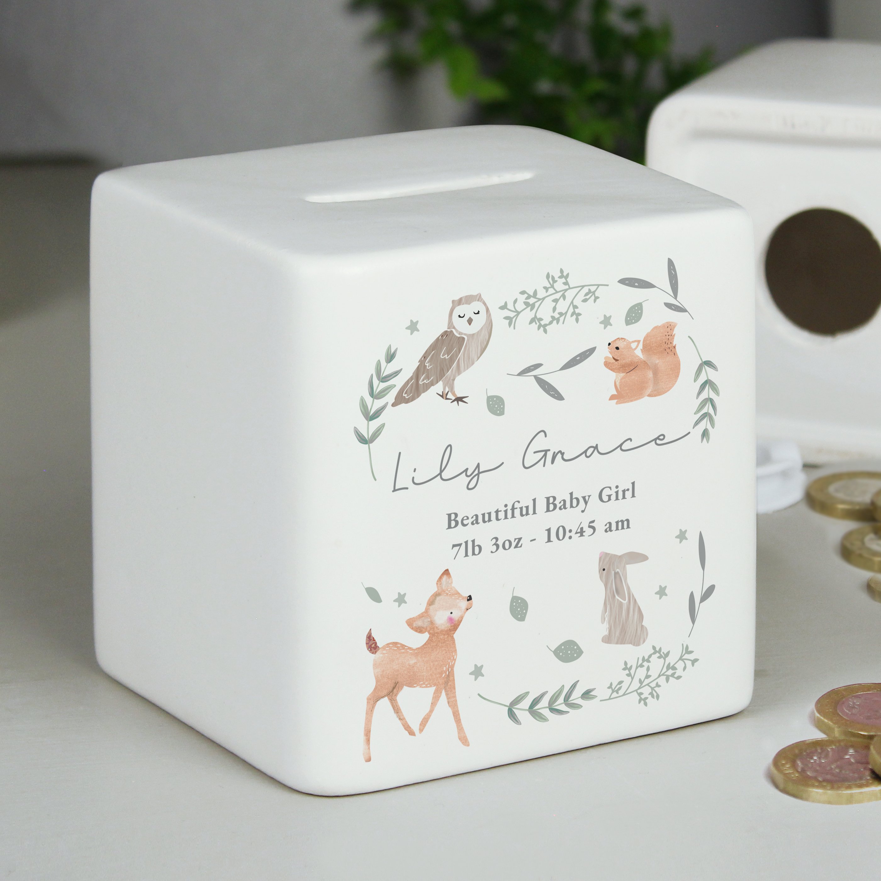Personalised Woodland Animals Ceramic Square Money Box