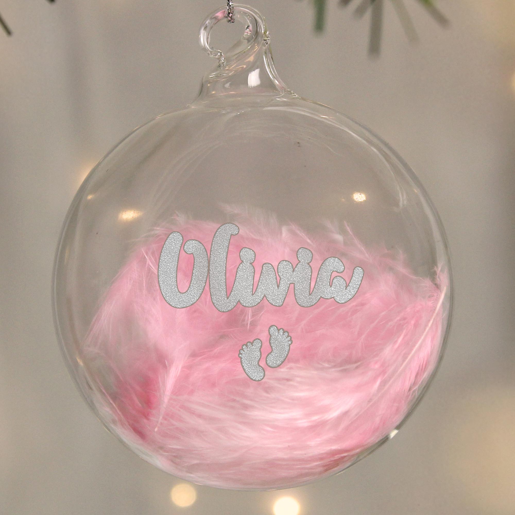 Personalised Pink Feather Silver Footprints Glass Bauble