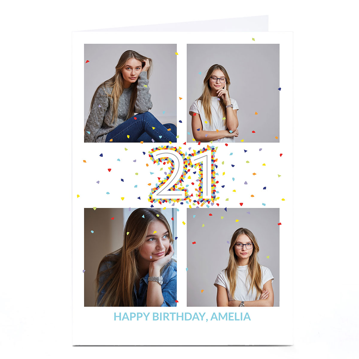 Photo 21st Birthday Card - 4 Photos, Confetti