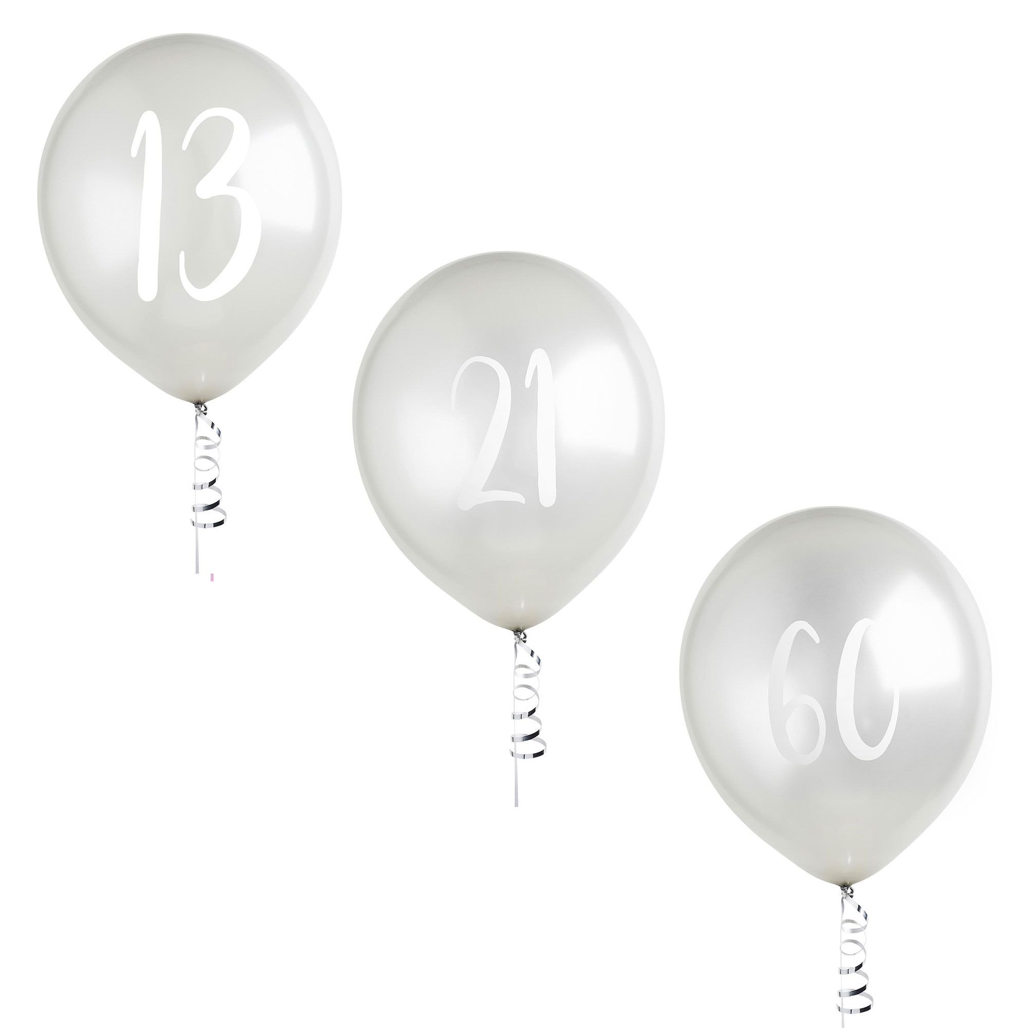 Metallic Silver Number Latex Balloons - Pack of 5 (Milestone Ages)