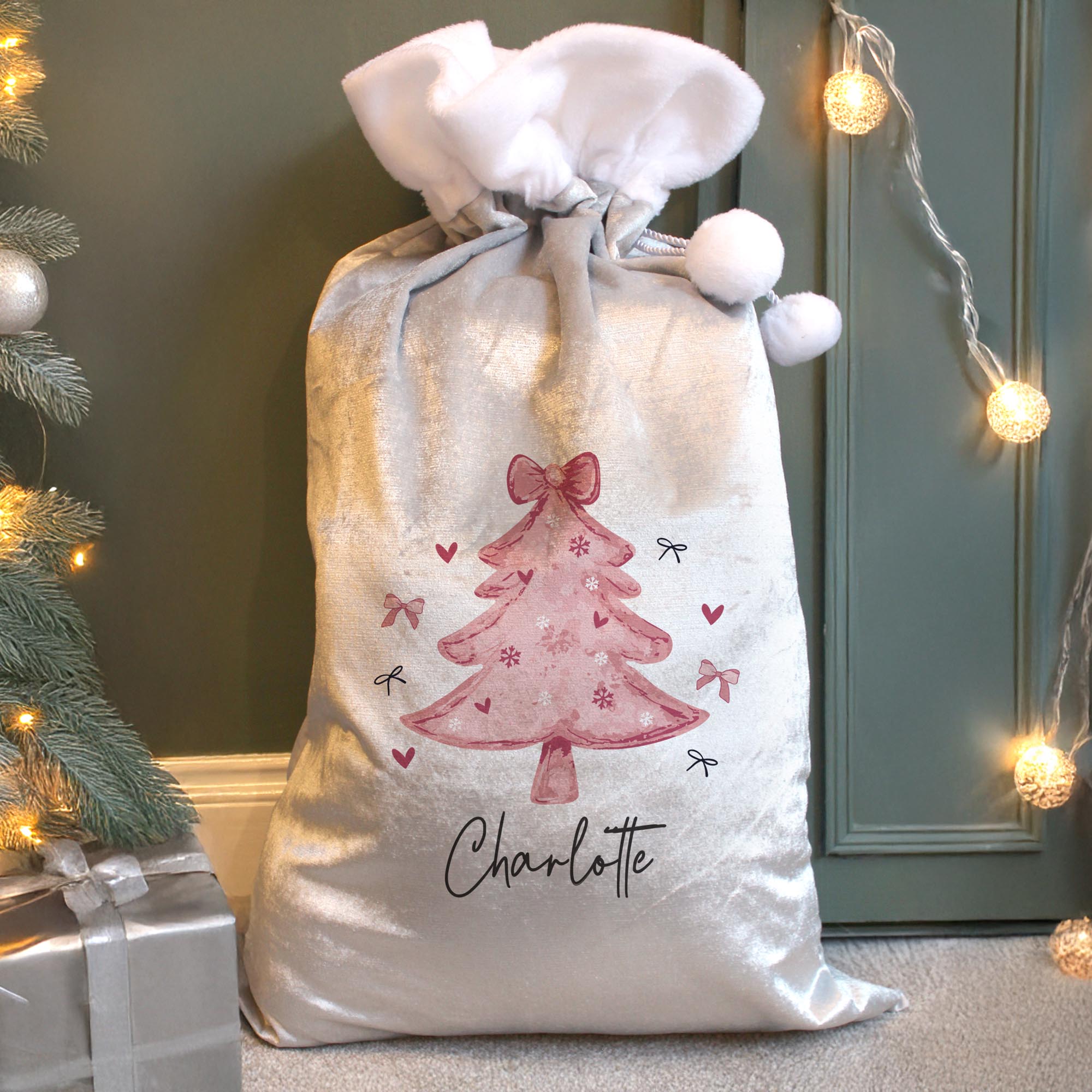 Personalised Pink Bows Christmas Tree Sack,  Personalised Pink Bows Christmas Tree Sack