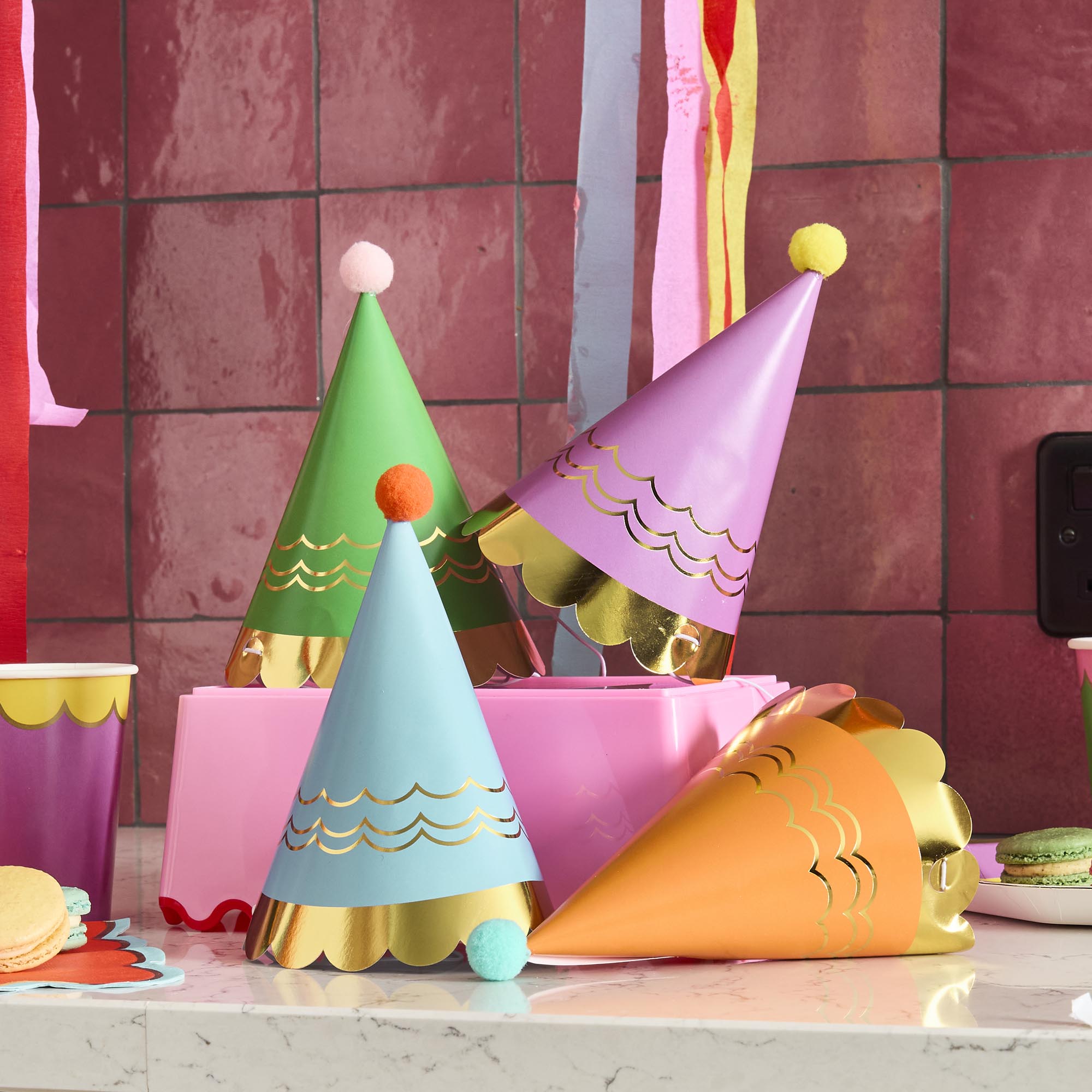 Premium Bright Party Hats with Pom Poms - Pack of 8