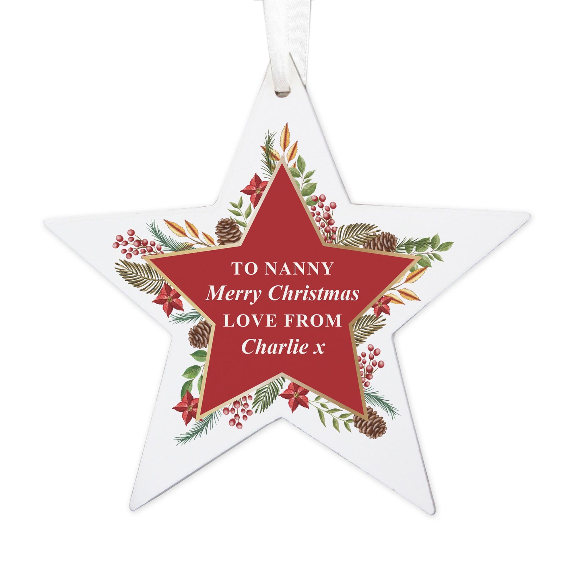 Personalised Christmas Wreath Wooden Star Decoration,  Personalised Christmas Wreath Wooden Star Decoration