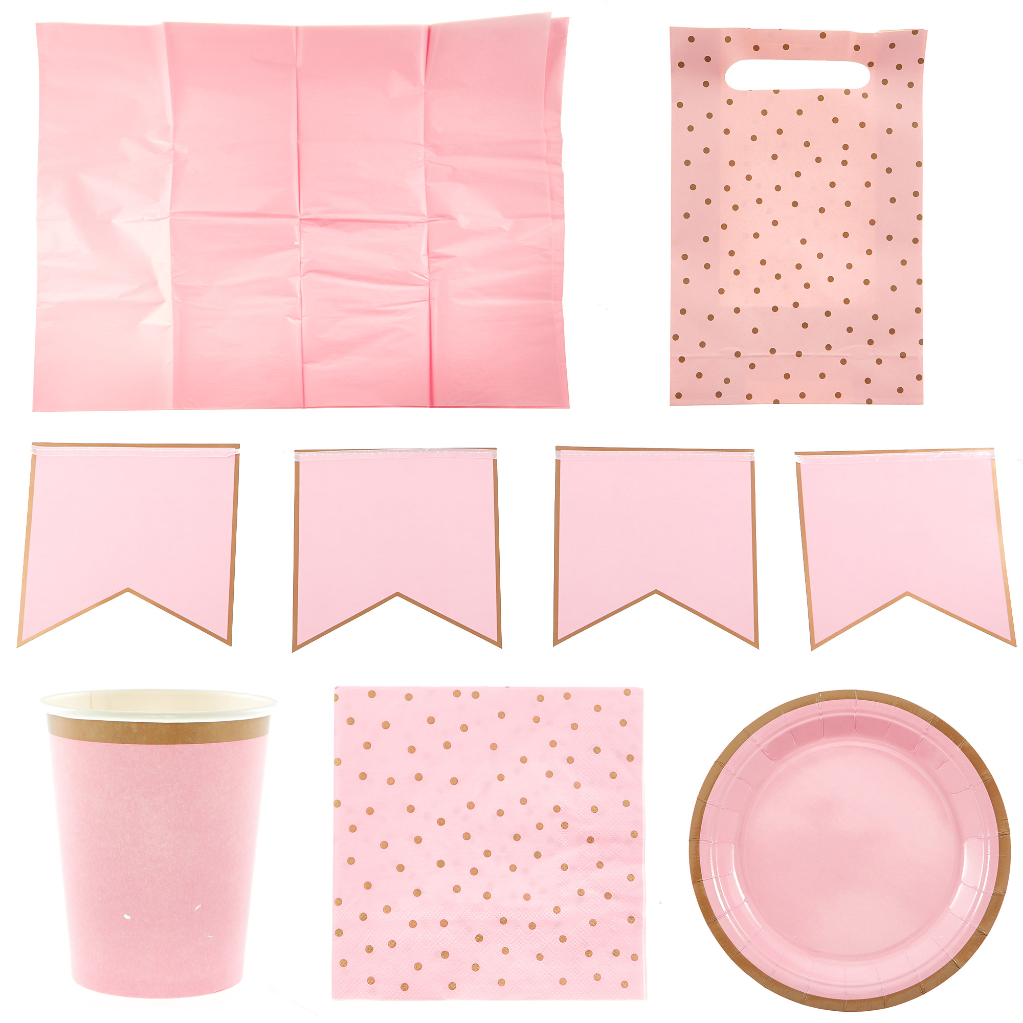 Pink & Gold Party Tableware & Decorations Bundle - 8 Guests