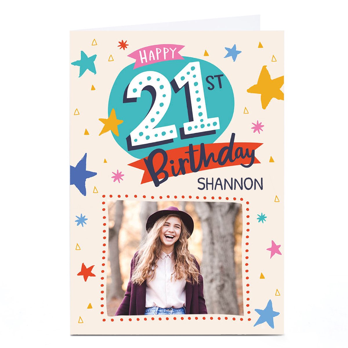 Photo Ebony Newton 21st Birthday Card - Colourful Stars, Any Name