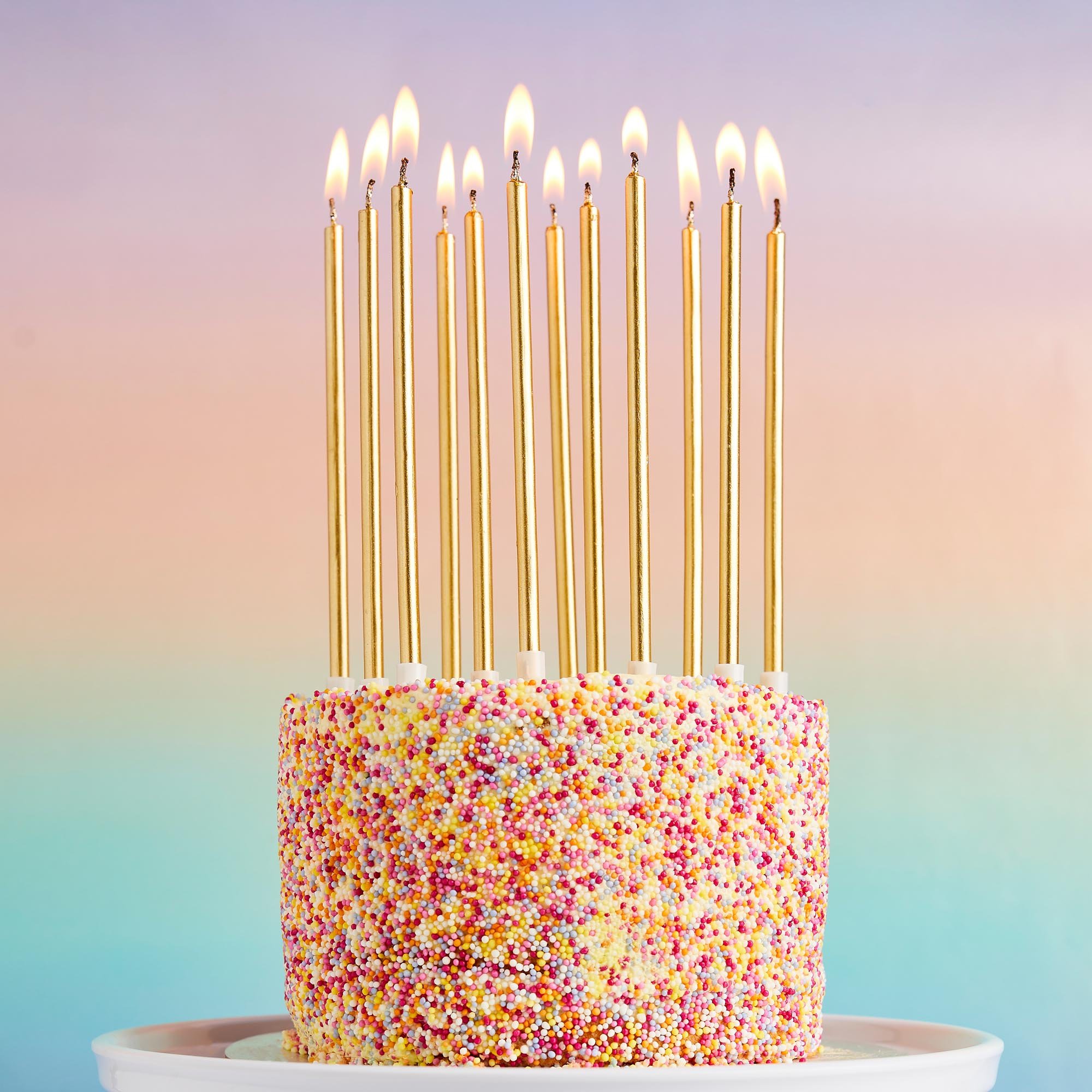 Gold Tall Skinny Cake Candles - Pack of 12