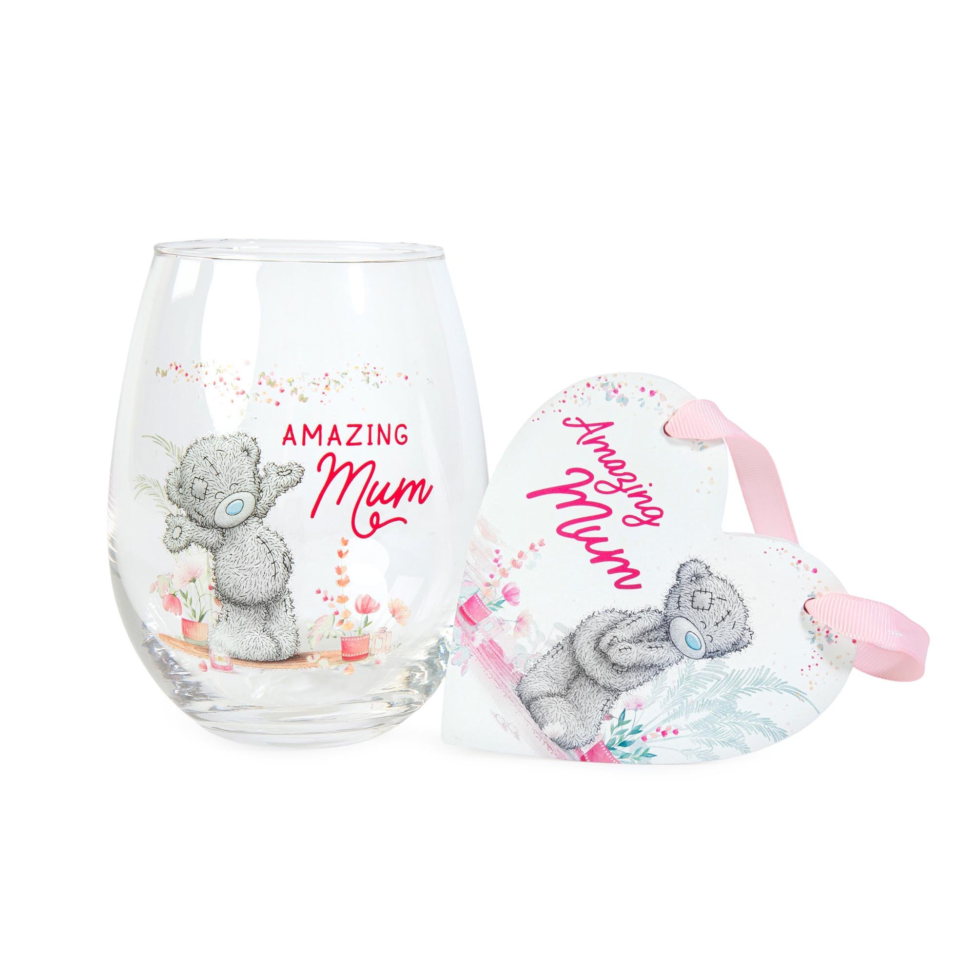 Tatty Teddy Amazing Mum Plaque & Stemless Glass Set 