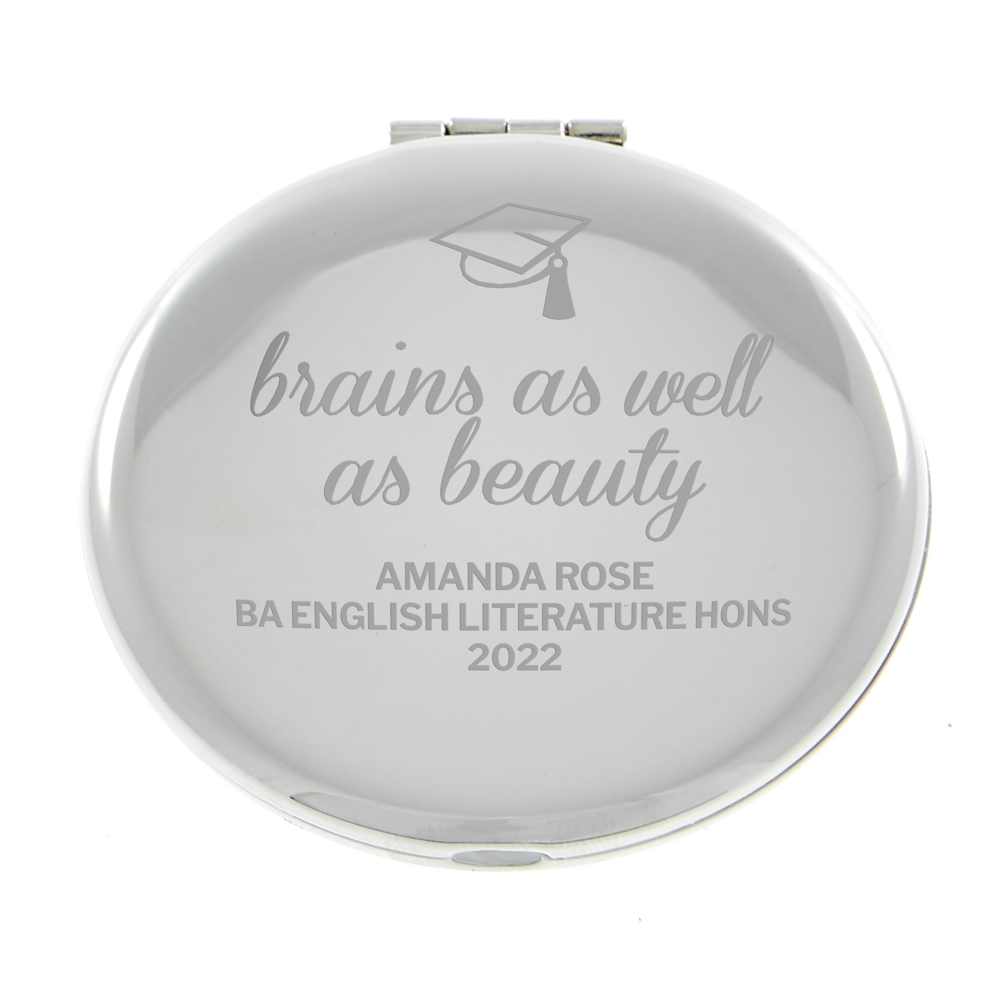 Personalised Engraved Silver Round Compact Mirror - Brains & Beauty